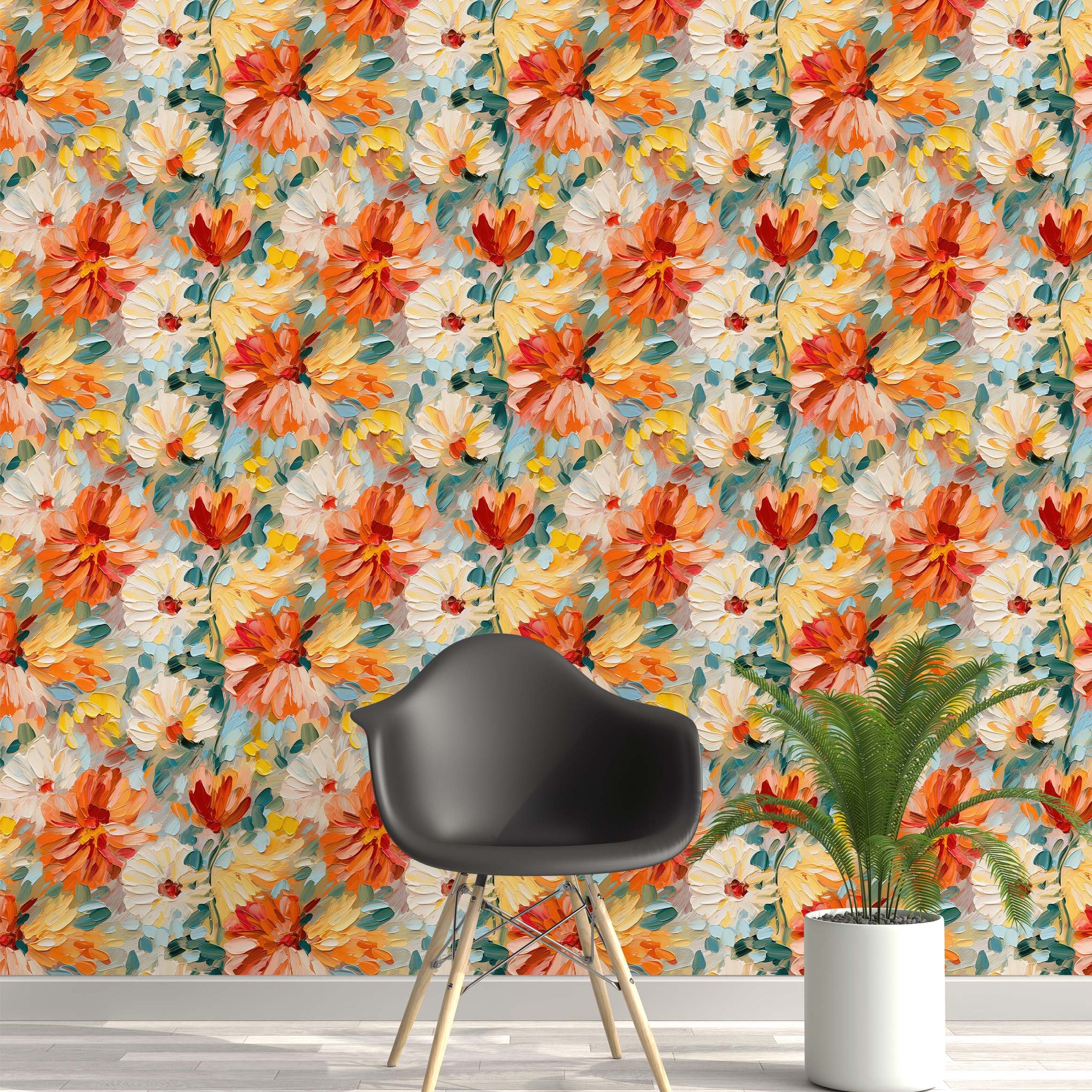 Painterly floral wallpaper with an impasto texture featuring orange, yellow, and white flowers with teal and blue accents.