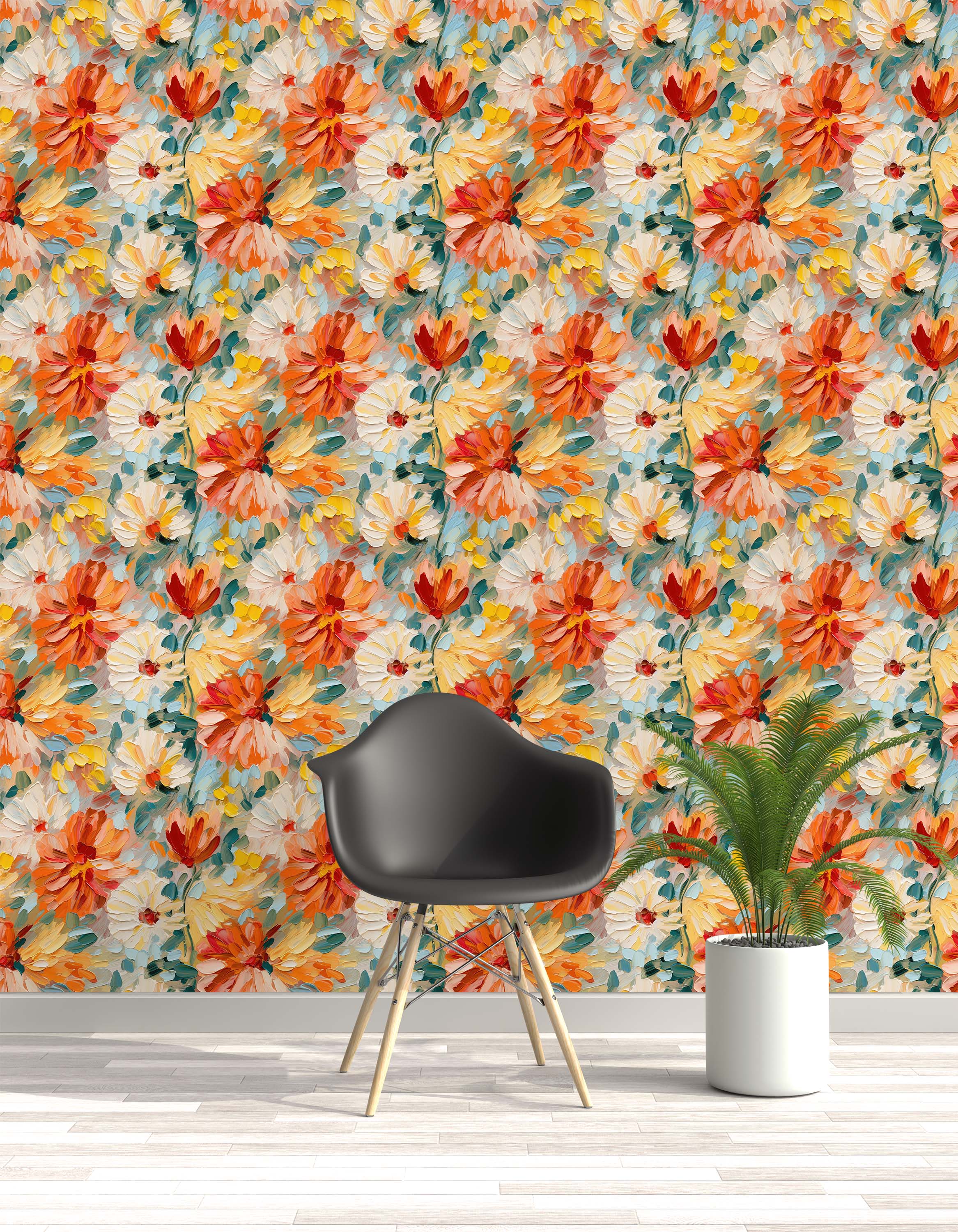 Painterly floral wallpaper with an impasto texture featuring orange, yellow, and white flowers with teal and blue accents.