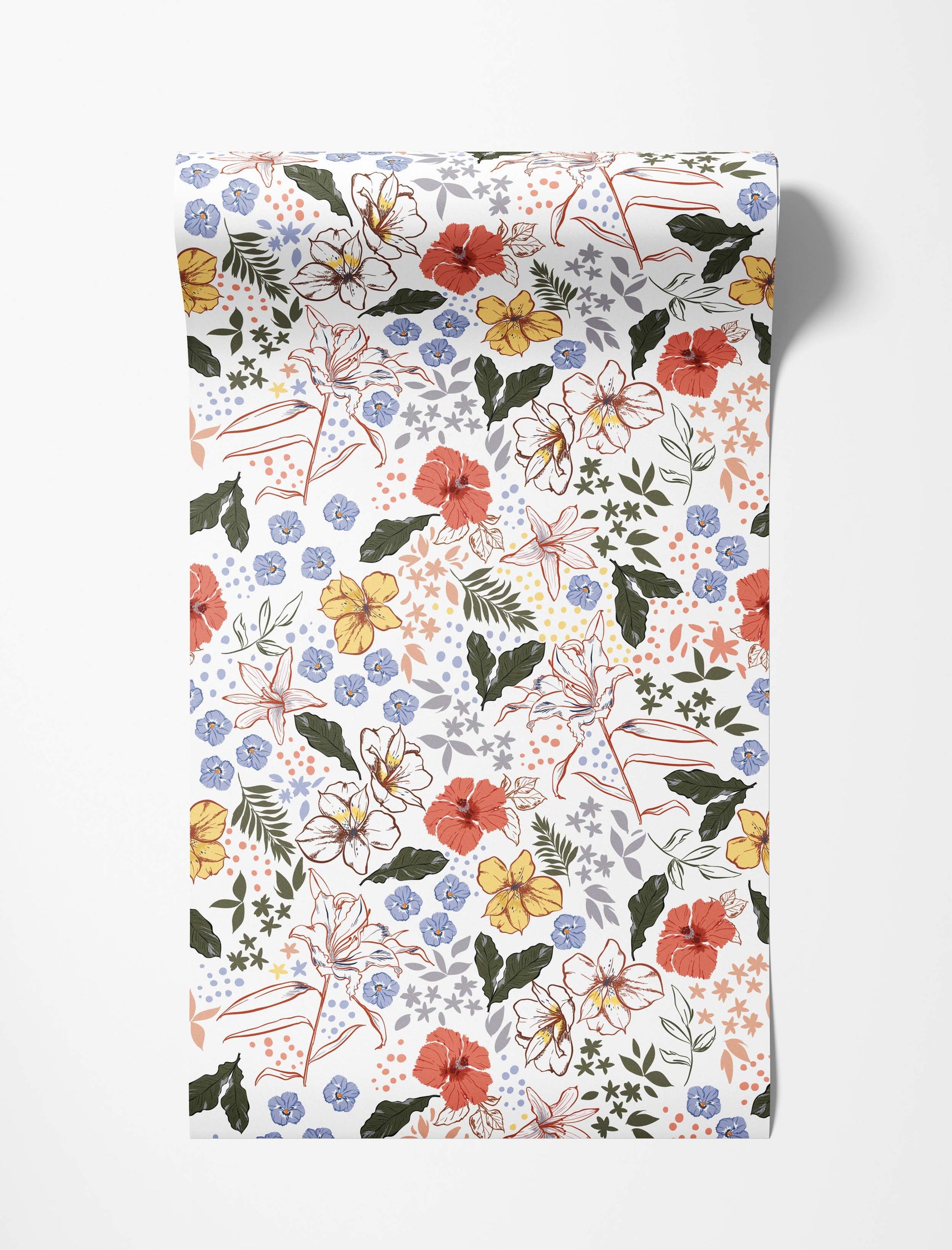 Painterly floral wallpaper with red hibiscus, yellow blooms, outlined lilies, and blue flowers mixed with green leaves on white.