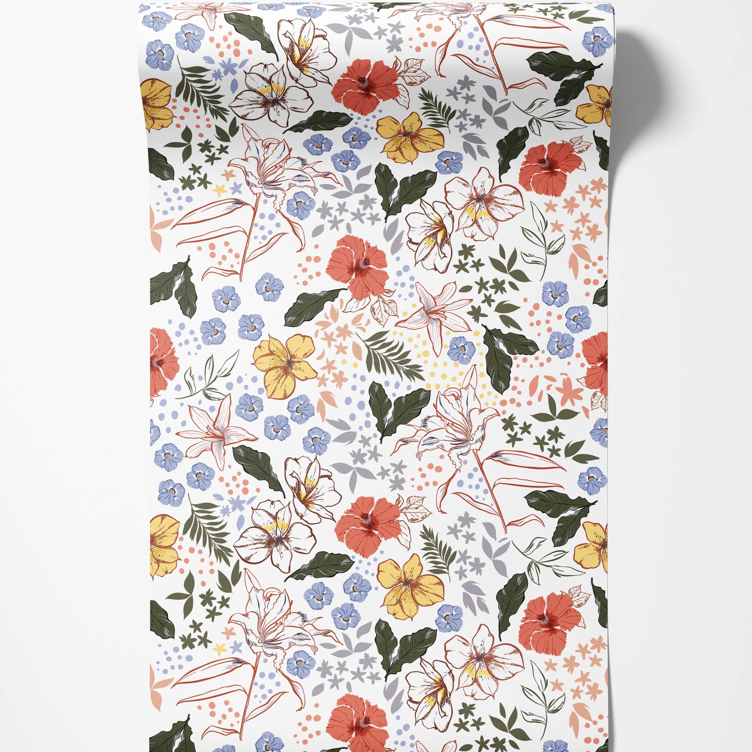 Painterly floral wallpaper with red hibiscus, yellow blooms, outlined lilies, and blue flowers mixed with green leaves on white.