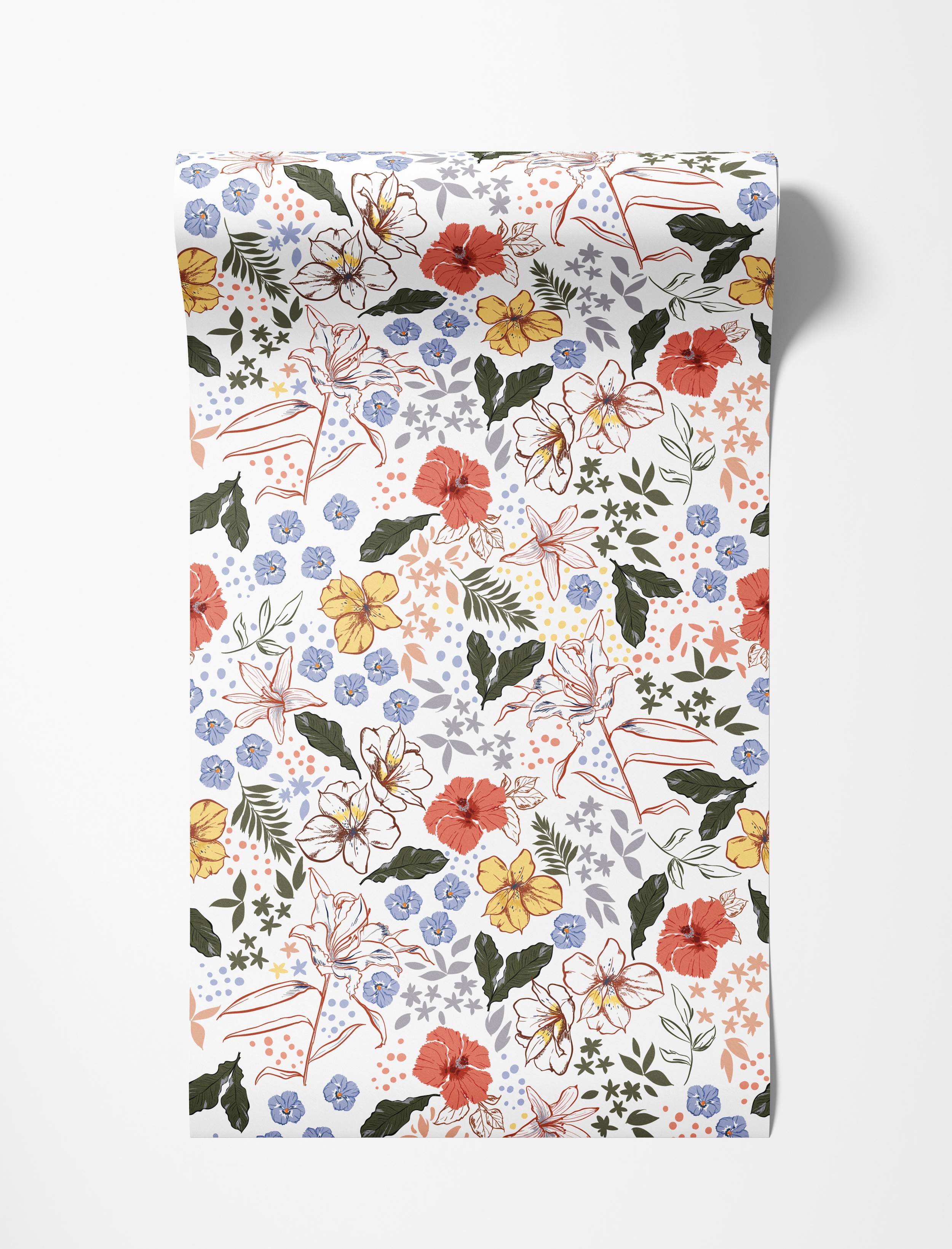 Painterly floral wallpaper with red hibiscus, yellow blooms, outlined lilies, and blue flowers mixed with green leaves on white.