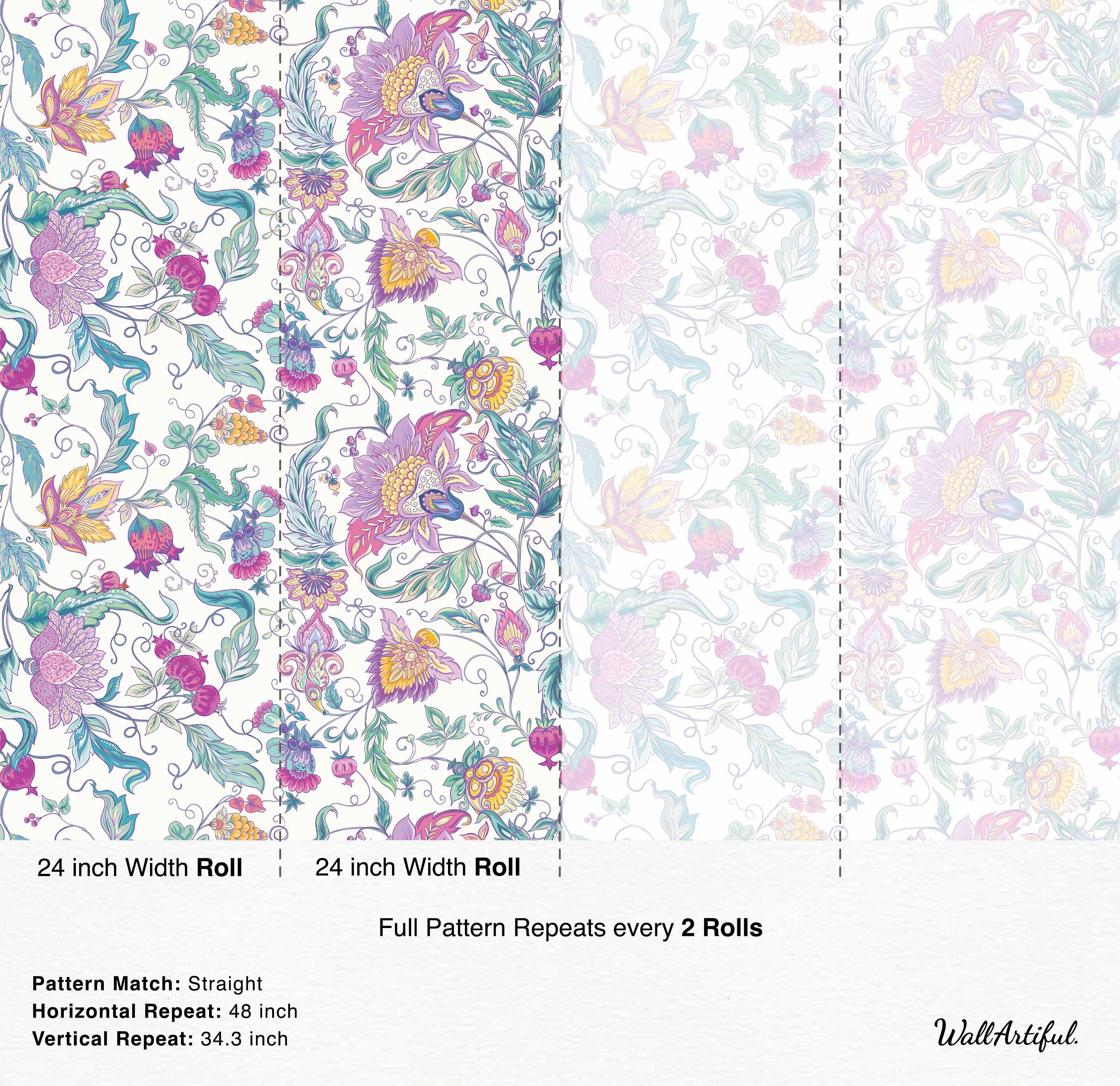 Colorful wallpaper featuring intricate floral and paisley motifs in pink, purple, yellow, teal, and green on a white background.