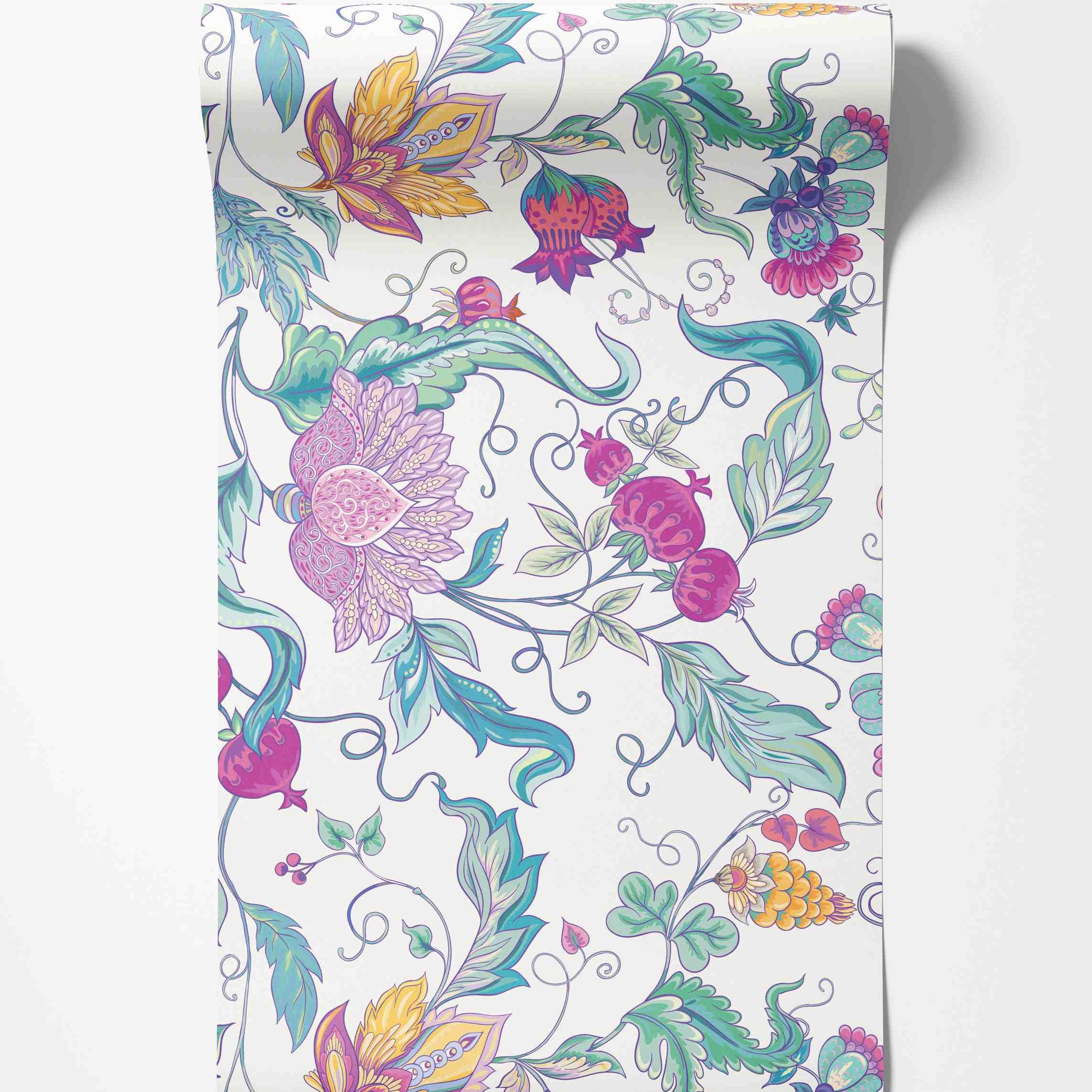 Stylized botanical wallpaper with floral, paisley, and pomegranate motifs in pink, teal, purple, and yellow on a white background.