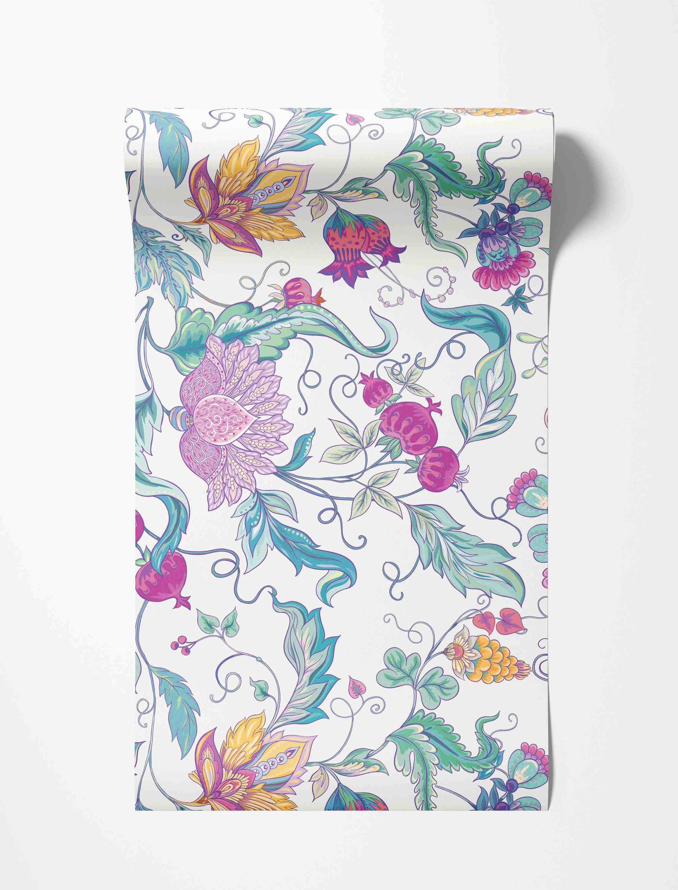 Stylized botanical wallpaper with floral, paisley, and pomegranate motifs in pink, teal, purple, and yellow on a white background.