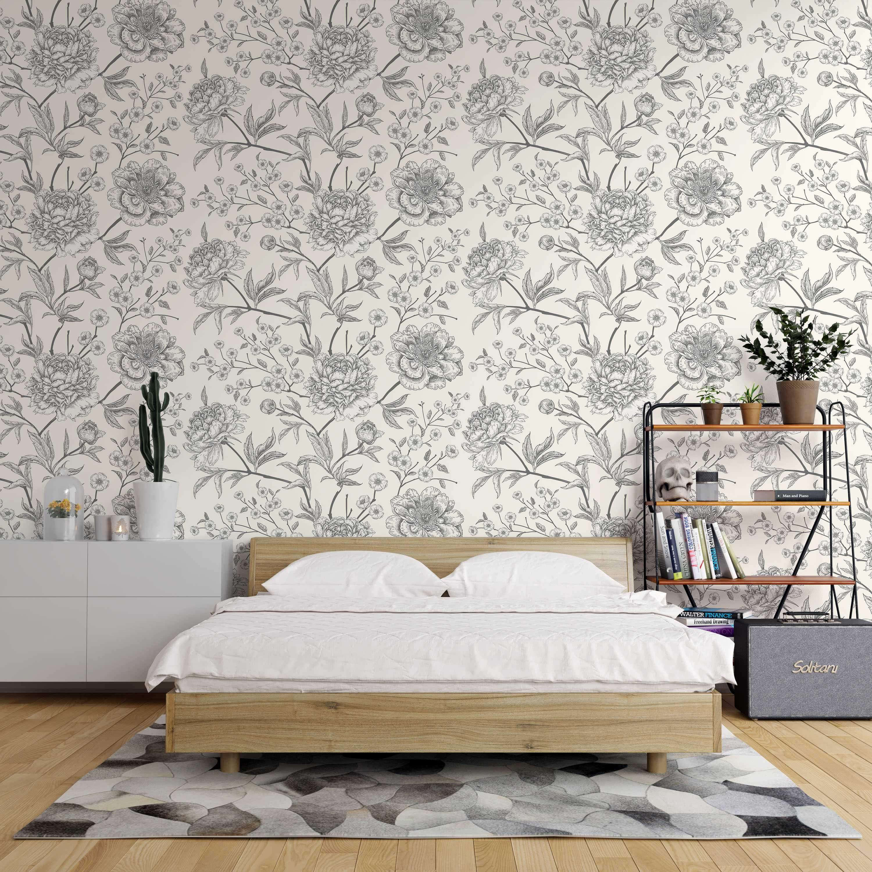 Gray sketch floral wallpaper featuring large peonies and smaller blossoms on a light beige background.