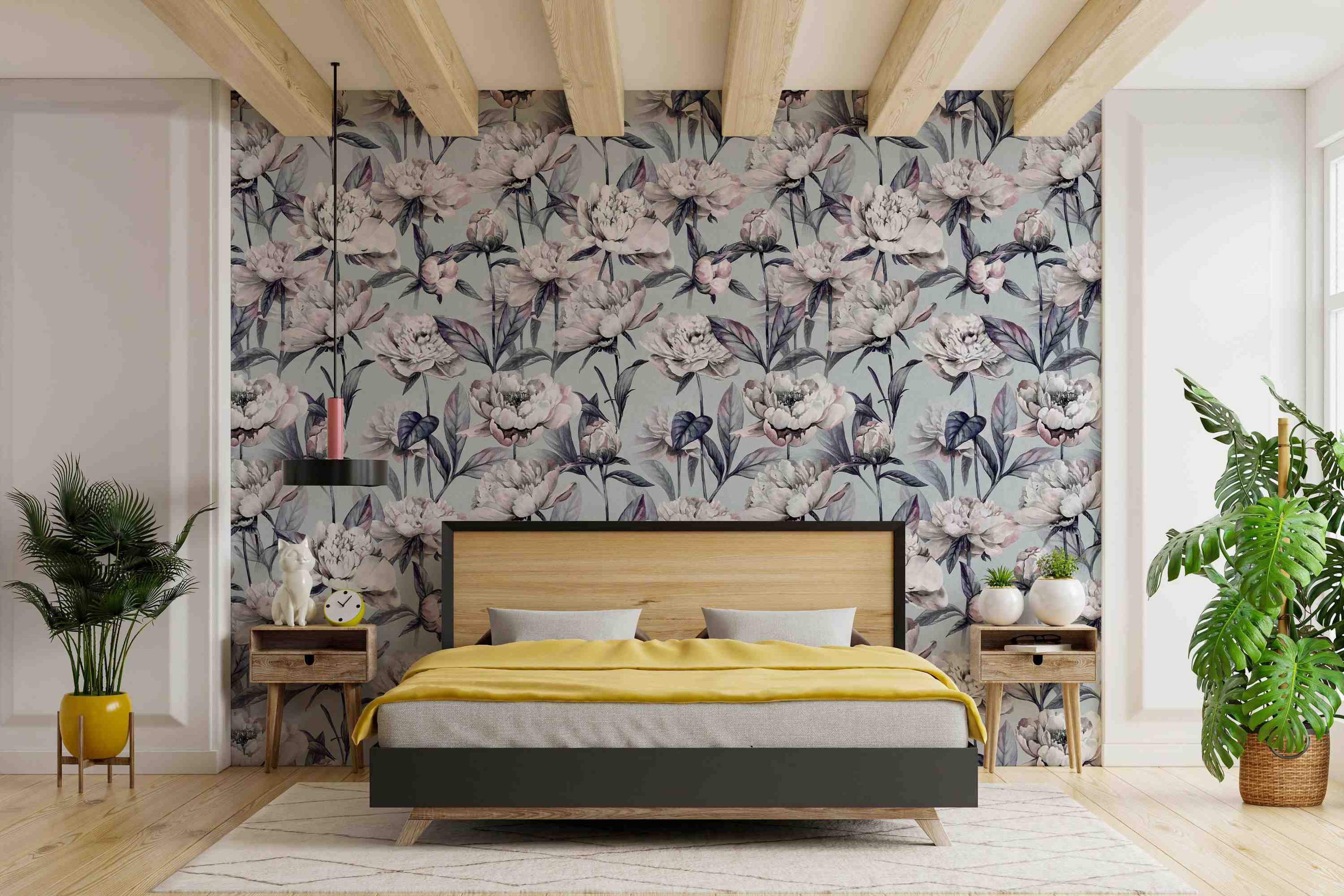 Vintage floral wallpaper featuring large white and pink peony blooms with dark gray leaves on a soft blue-gray background.