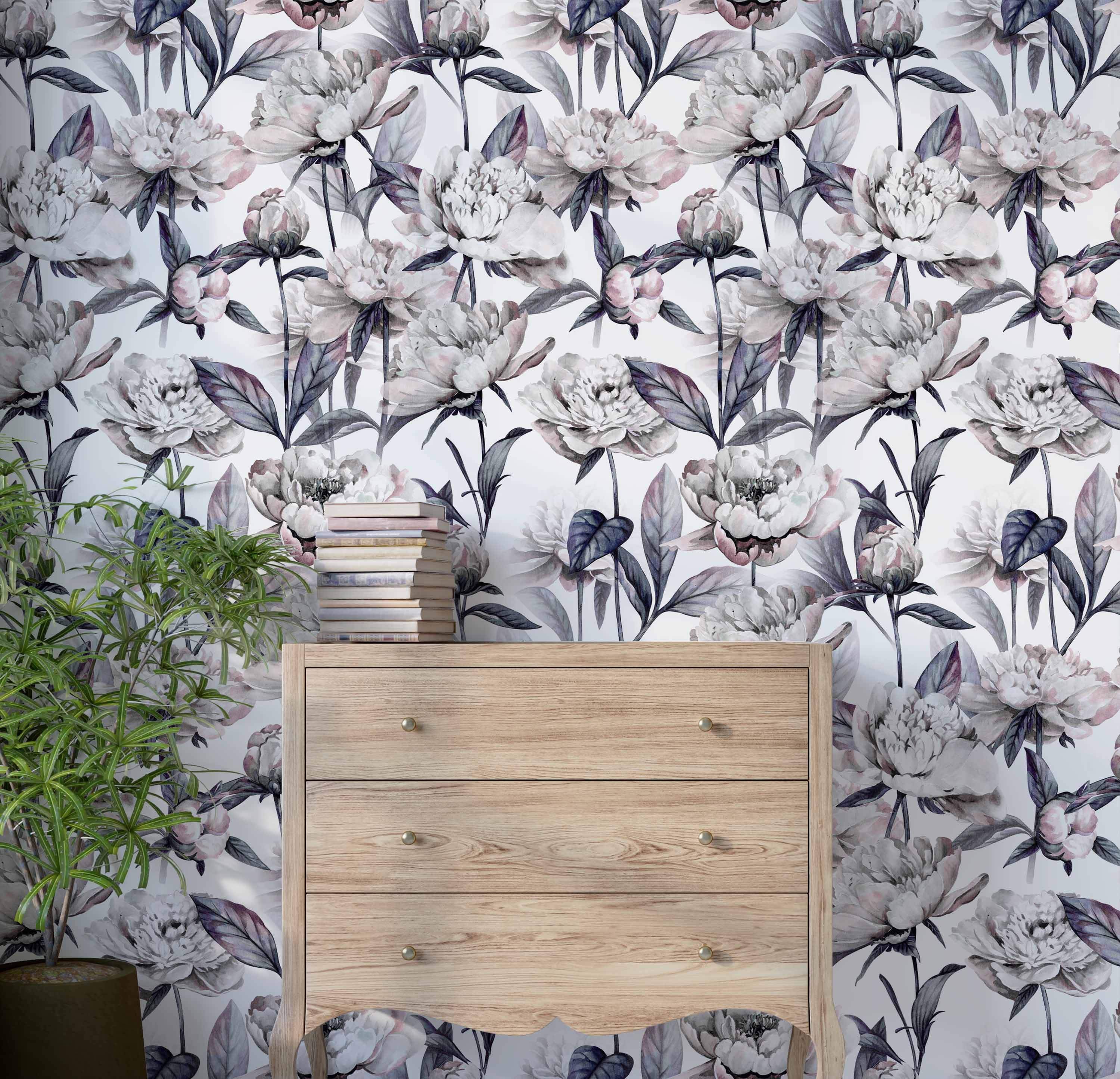 Wallpaper featuring a repeating pattern of large, watercolor-style peonies in white, pale pink, and gray with dark mauve leaves.