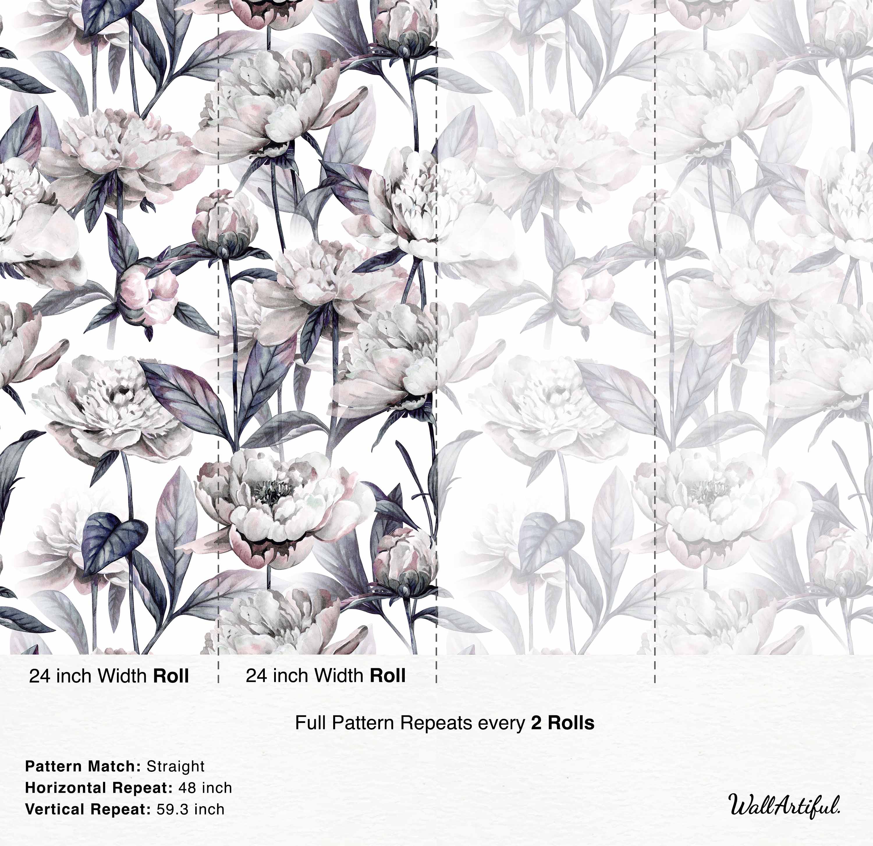 Wallpaper featuring a large-scale watercolor pattern of white and pale pink peonies with dark grey-purple leaves.