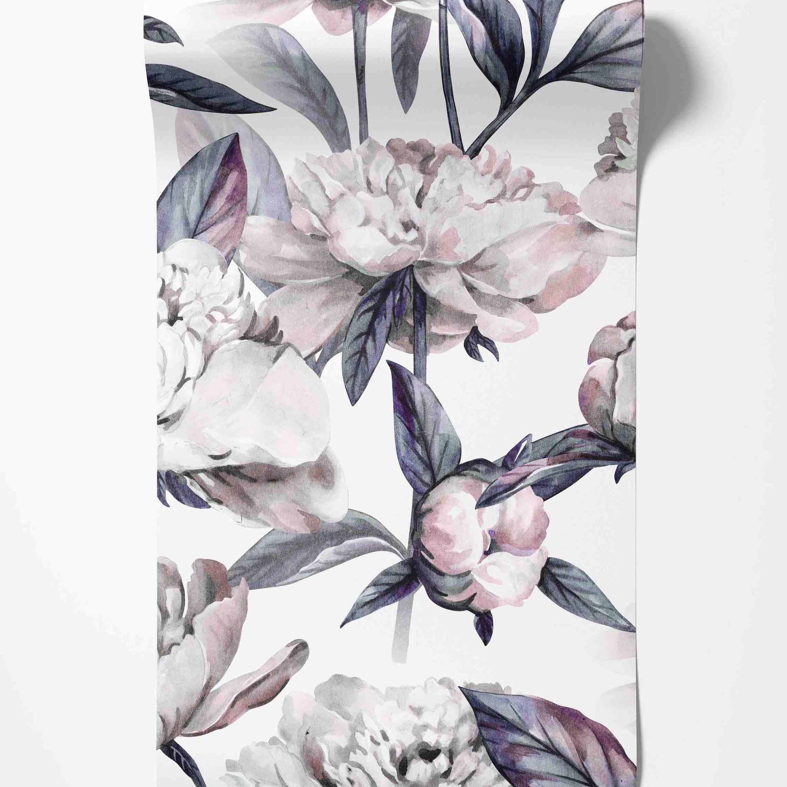 Watercolor wallpaper featuring large pink and white peonies with dark purple-gray leaves on a white background.