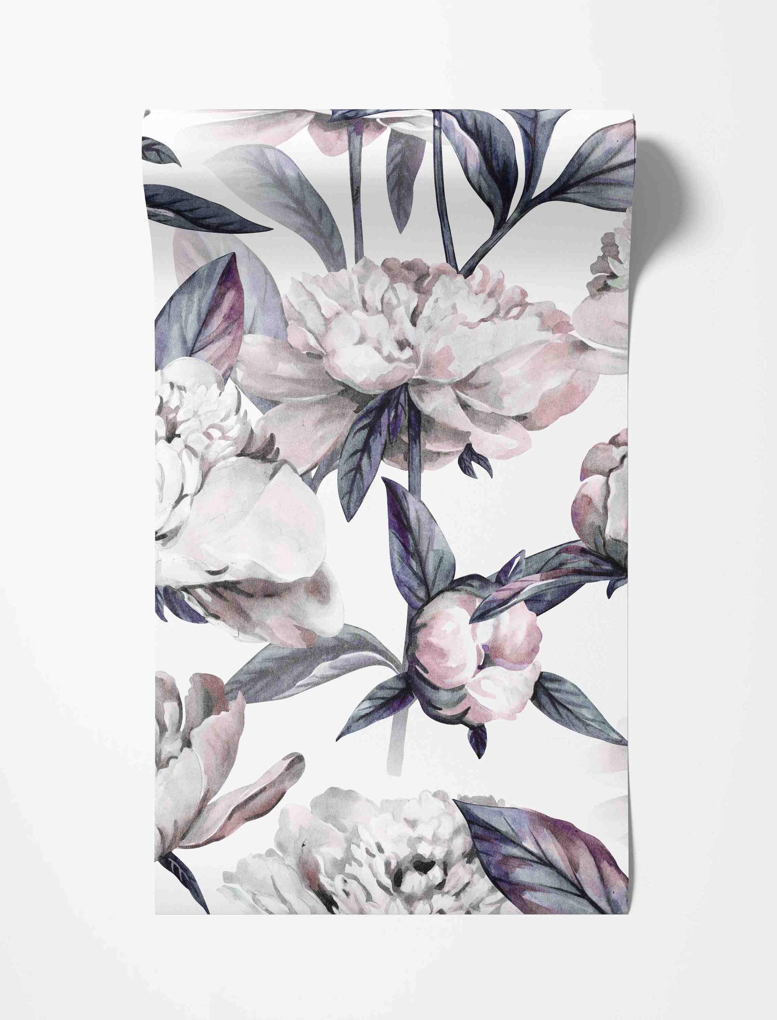 Watercolor wallpaper featuring large pink and white peonies with dark purple-gray leaves on a white background.