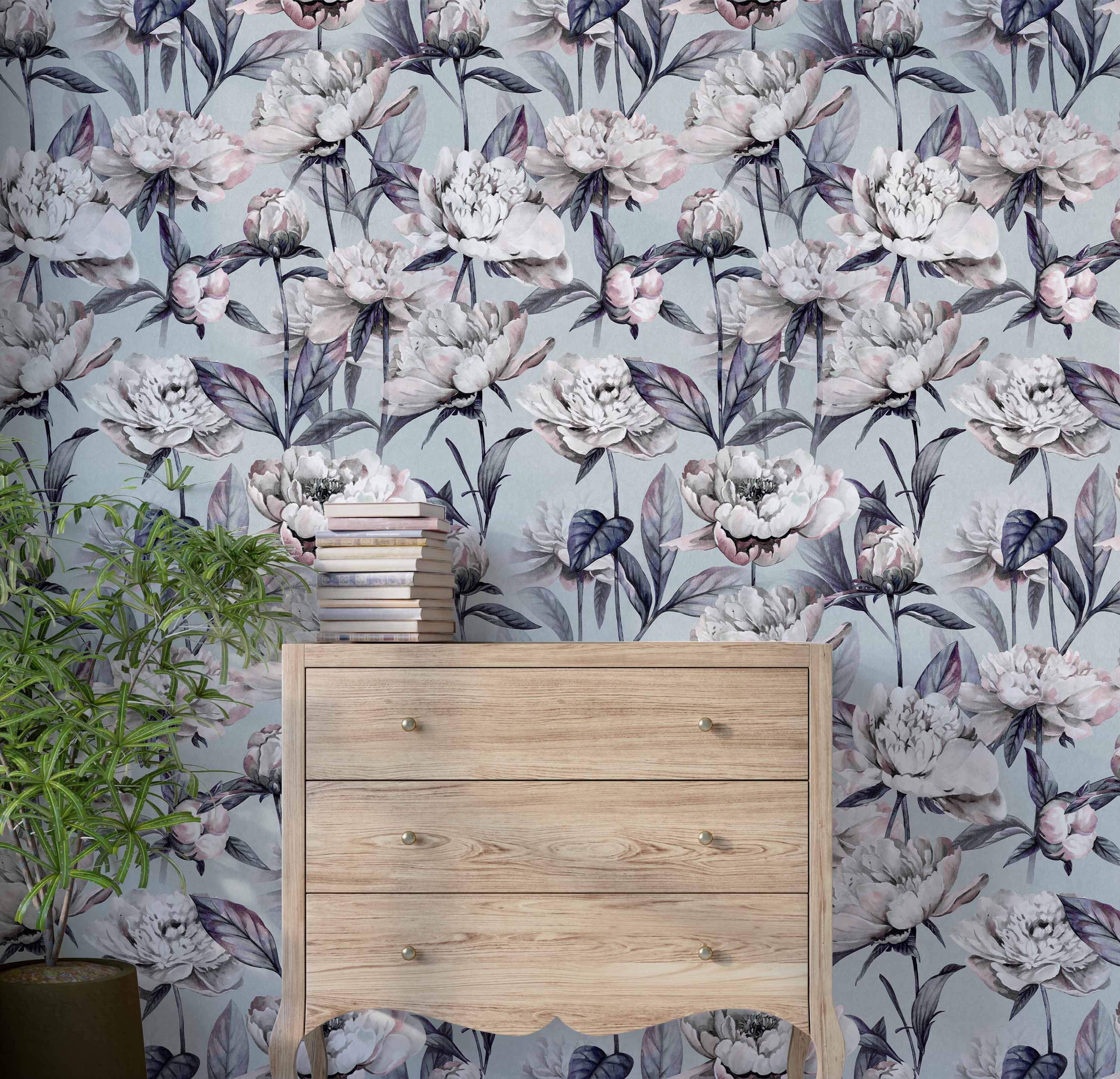 Wallpaper with a repeating pattern of large, painterly white and blush peony flowers with dark purple leaves on a pale blue-grey background.
