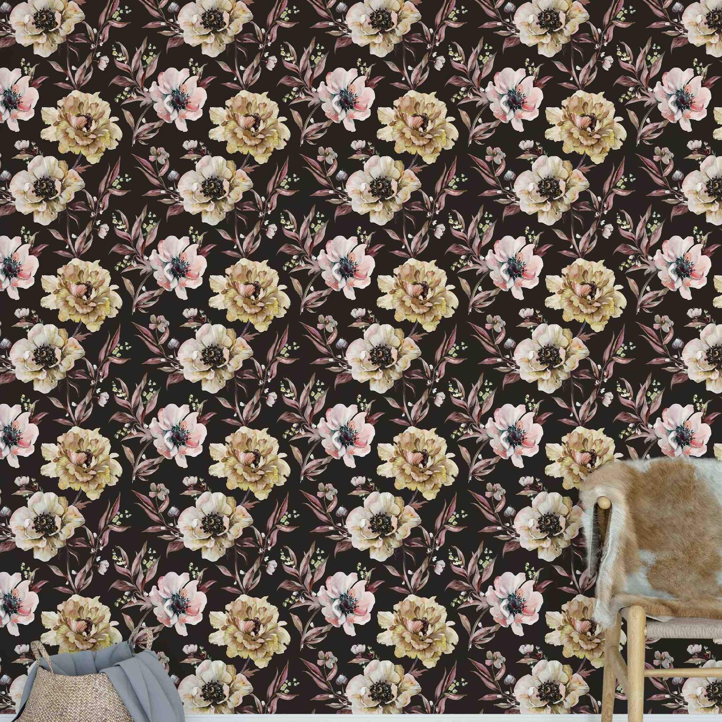 Painterly floral wallpaper with cream and pale pink blooms and dark foliage set against a deep brown background.