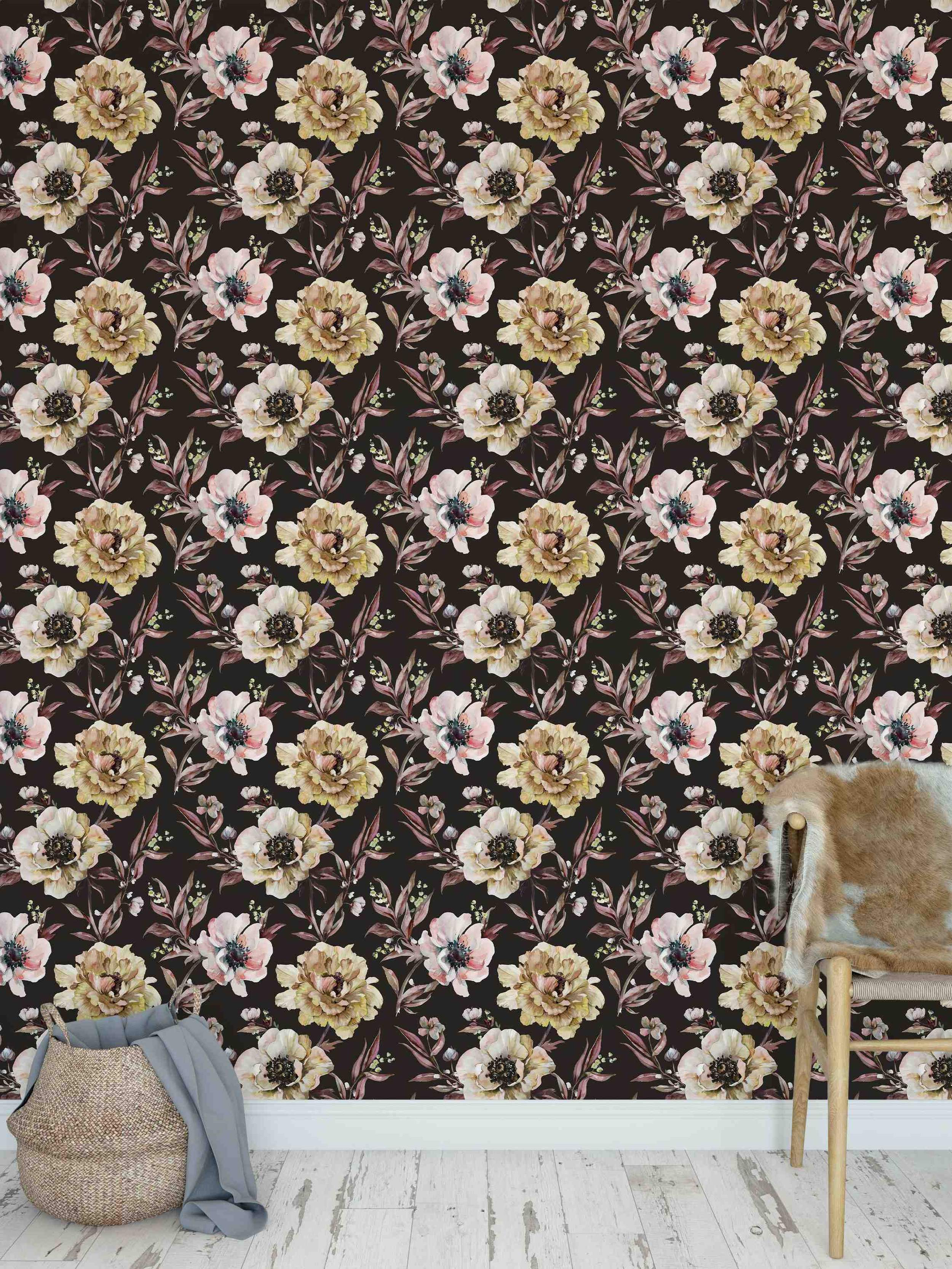 Painterly floral wallpaper with cream and pale pink blooms and dark foliage set against a deep brown background.