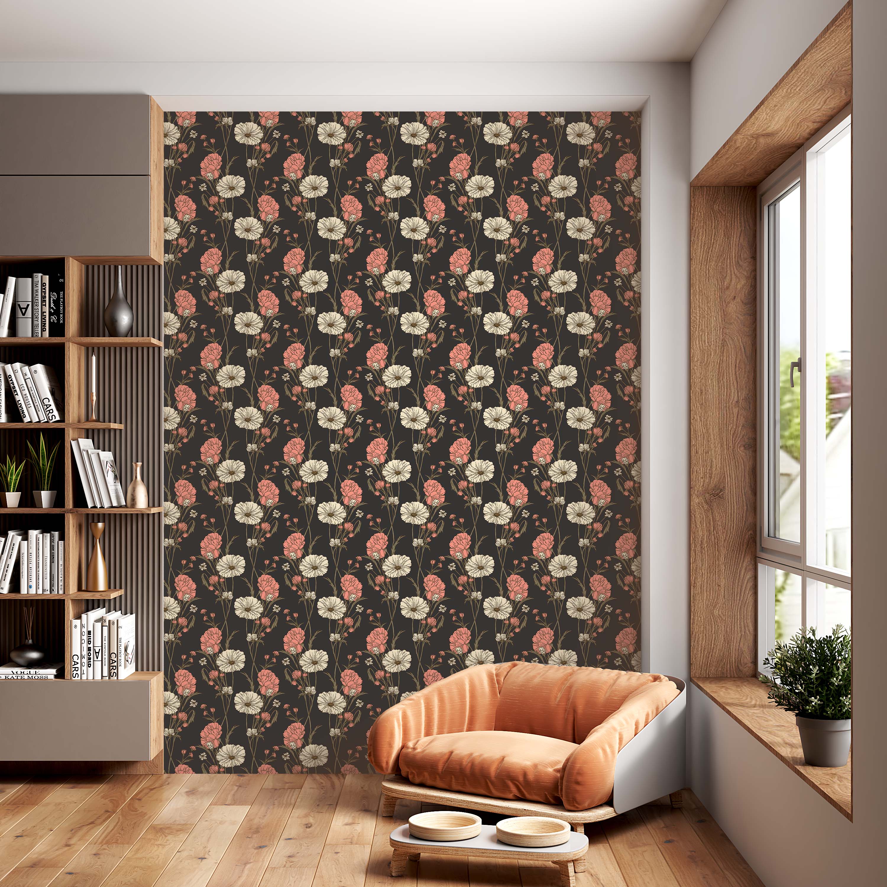 Wallpaper with a repeating floral pattern of pink and cream flowers with green stems on a dark brown background.