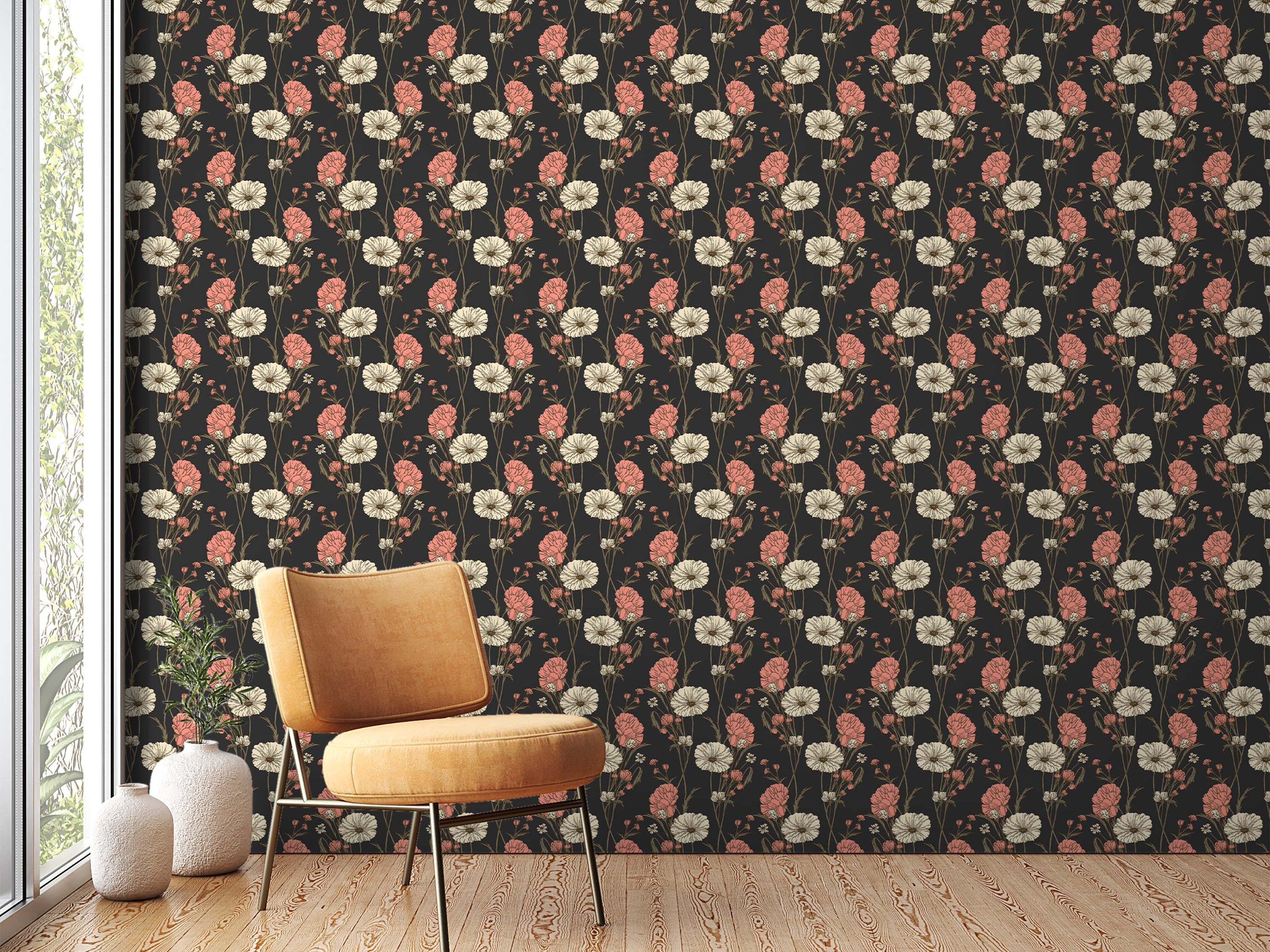 Dark floral wallpaper with a repeating pattern of salmon pink and cream-colored flowers with delicate brown stems.