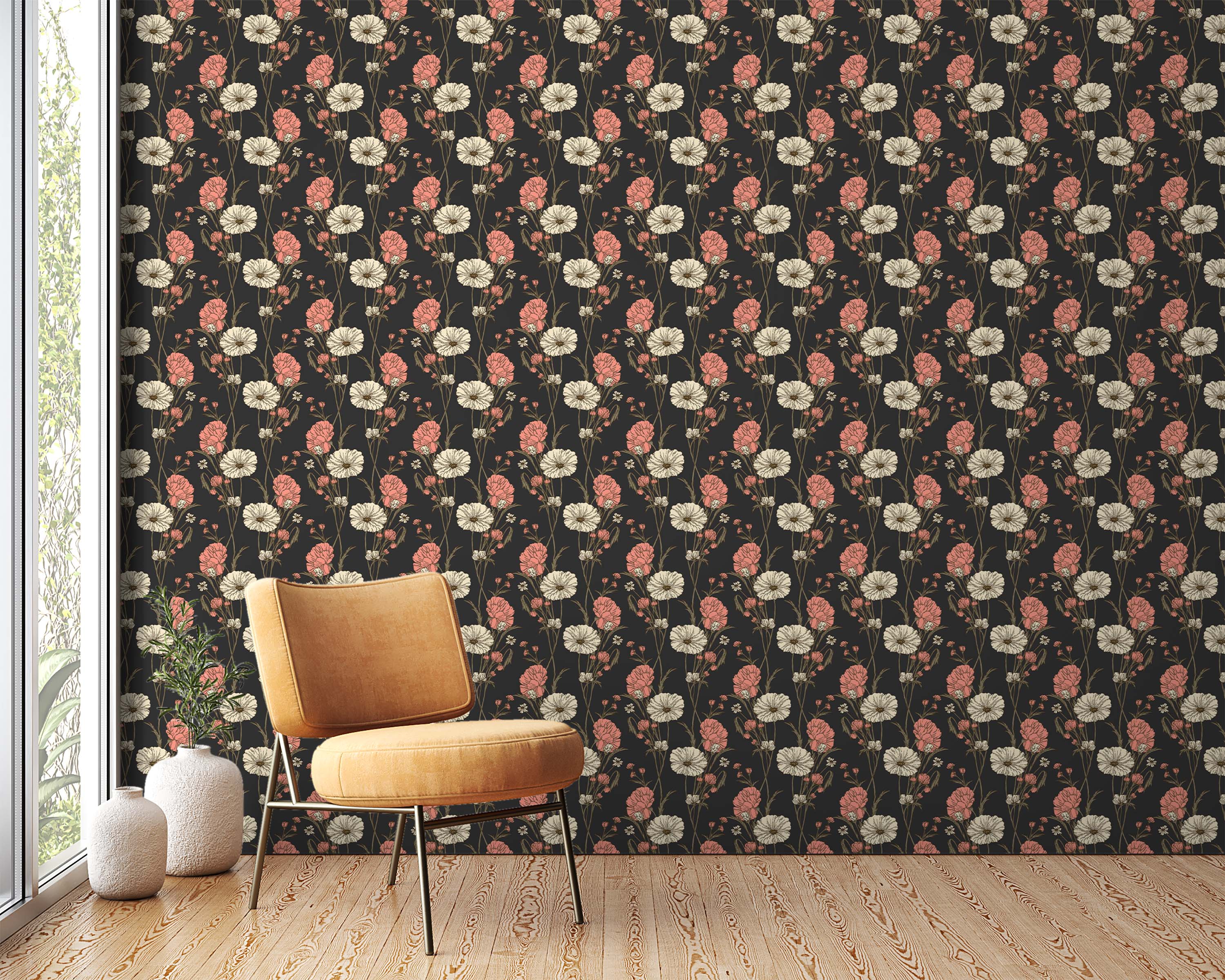 Dark floral wallpaper with a repeating pattern of salmon pink and cream-colored flowers with delicate brown stems.
