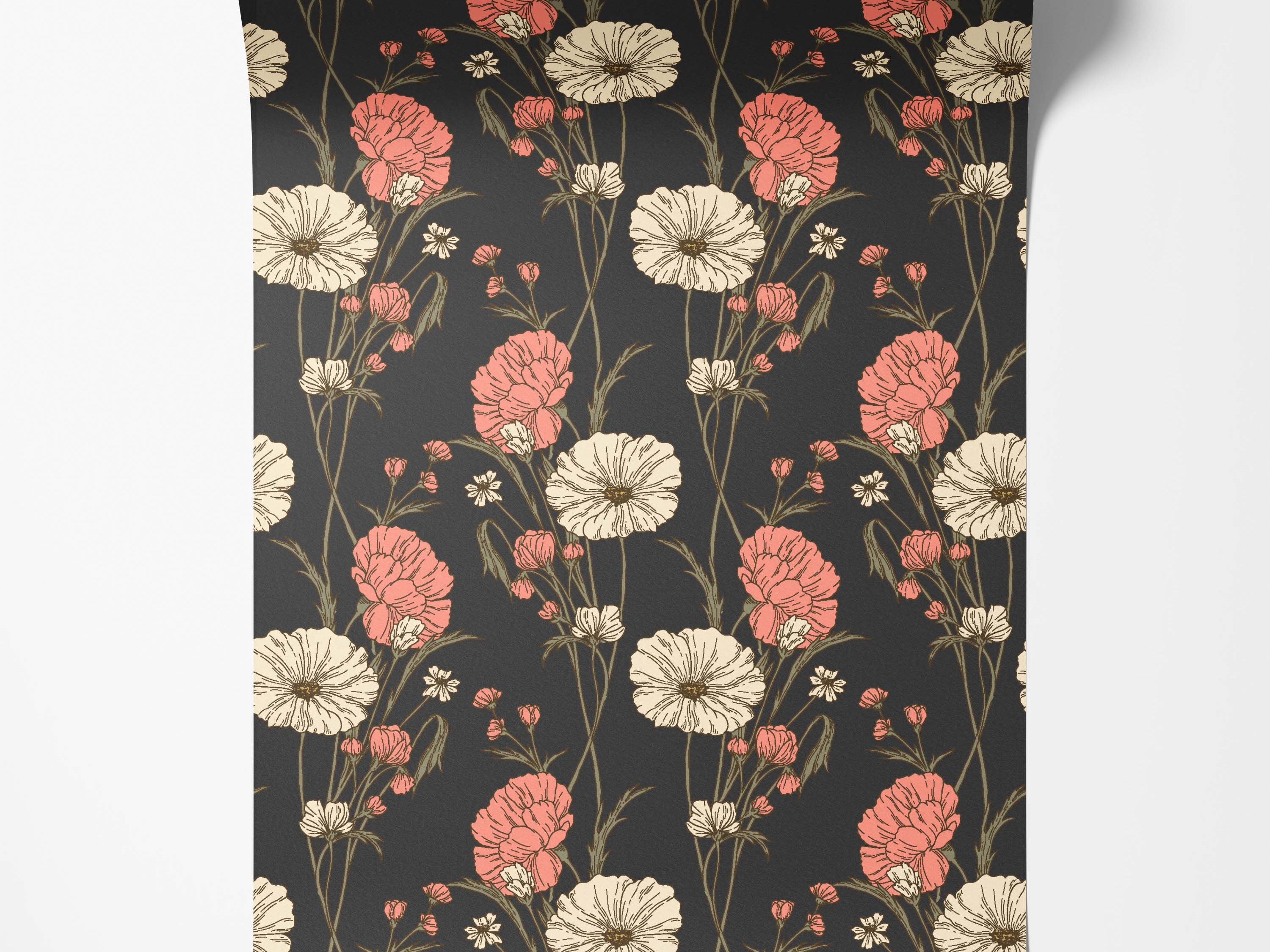 Wallpaper displaying a repeating floral pattern of pink and cream blossoms with brownish-green stems on a dark gray background.