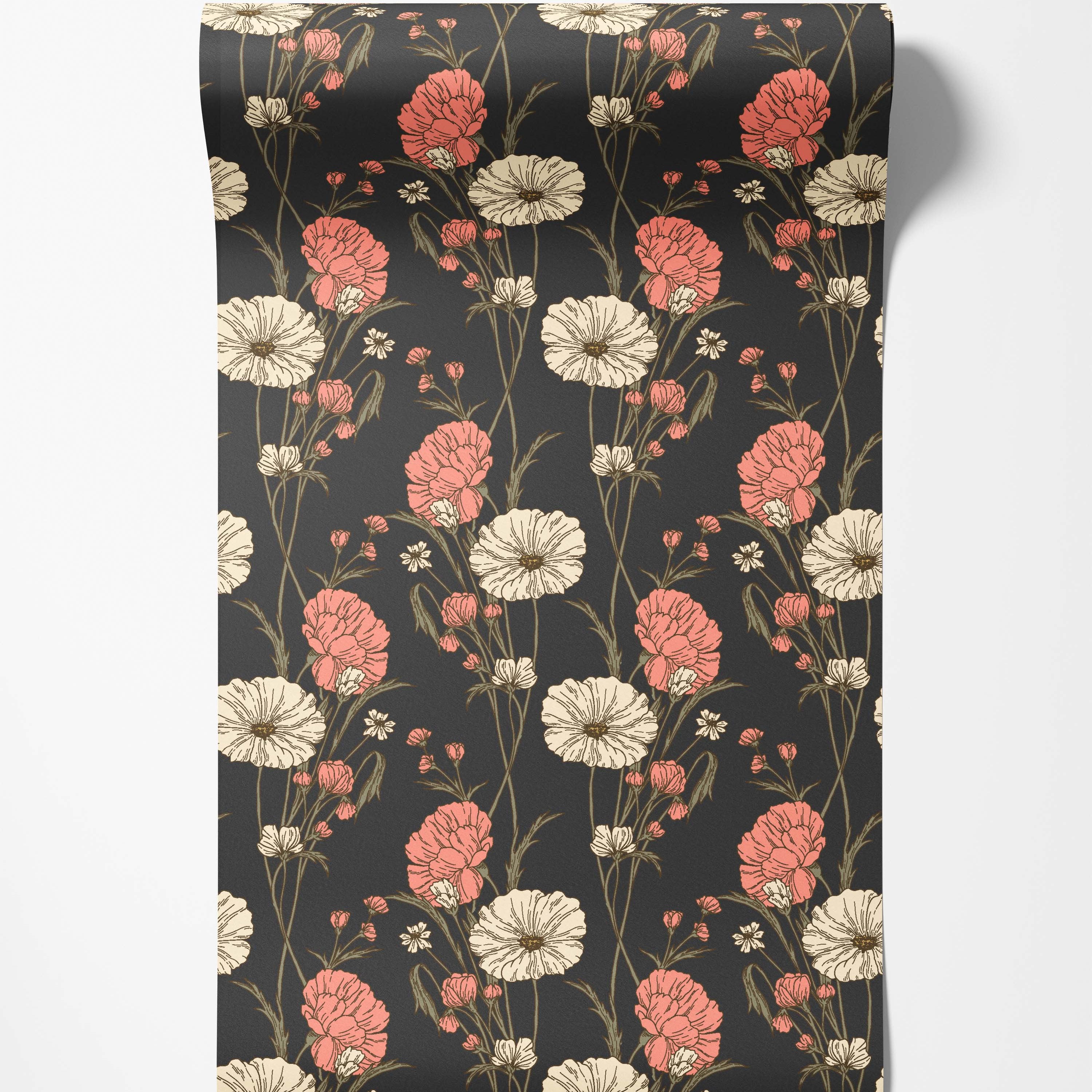 Wallpaper displaying a repeating floral pattern of pink and cream blossoms with brownish-green stems on a dark gray background.