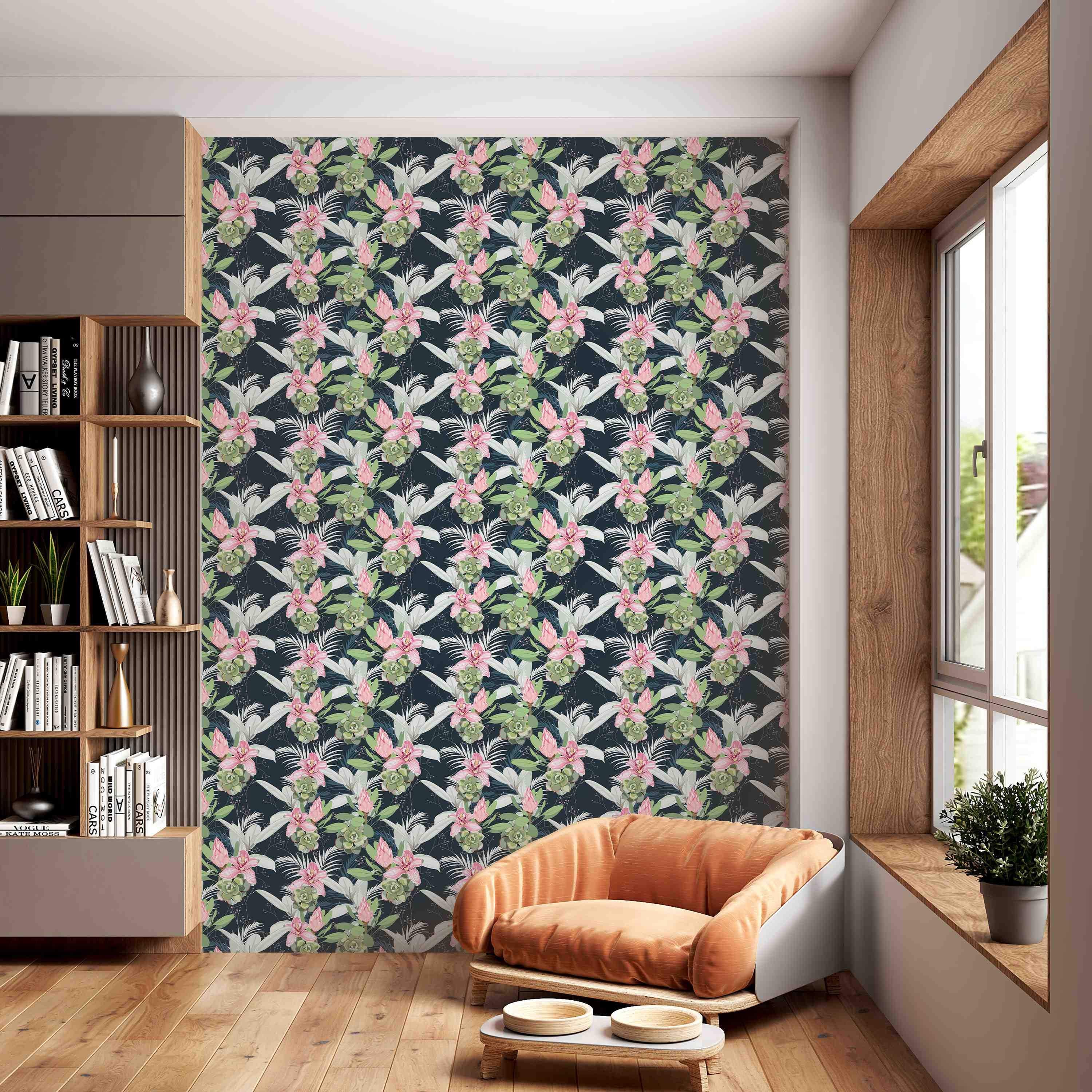 Botanical wallpaper with a repeating pattern of pink lilies, green succulents, and white foliage on a very dark background.