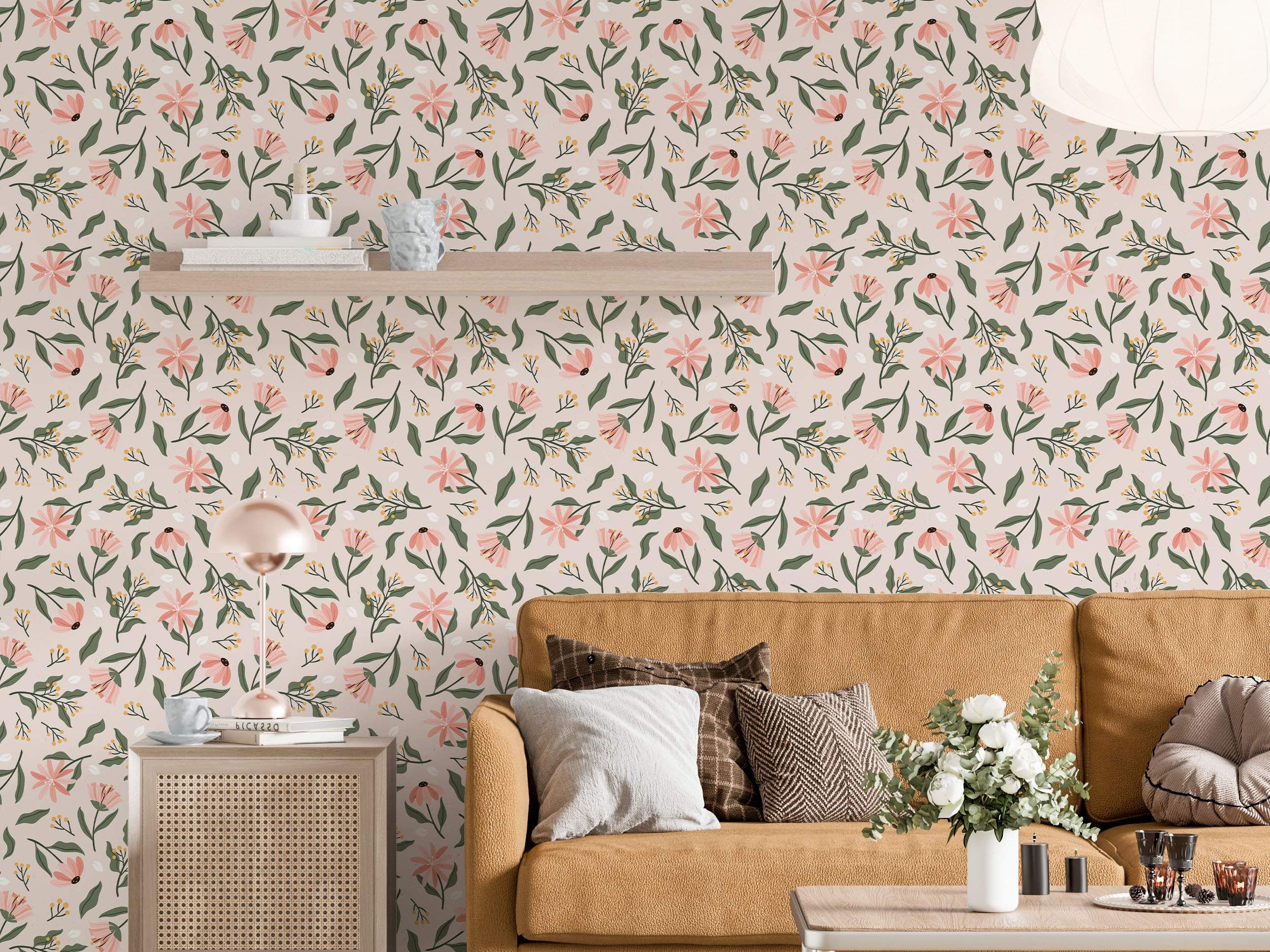 Wallpaper featuring stylized pink flowers, dark green leaves, and small yellow berries on a light pink background.