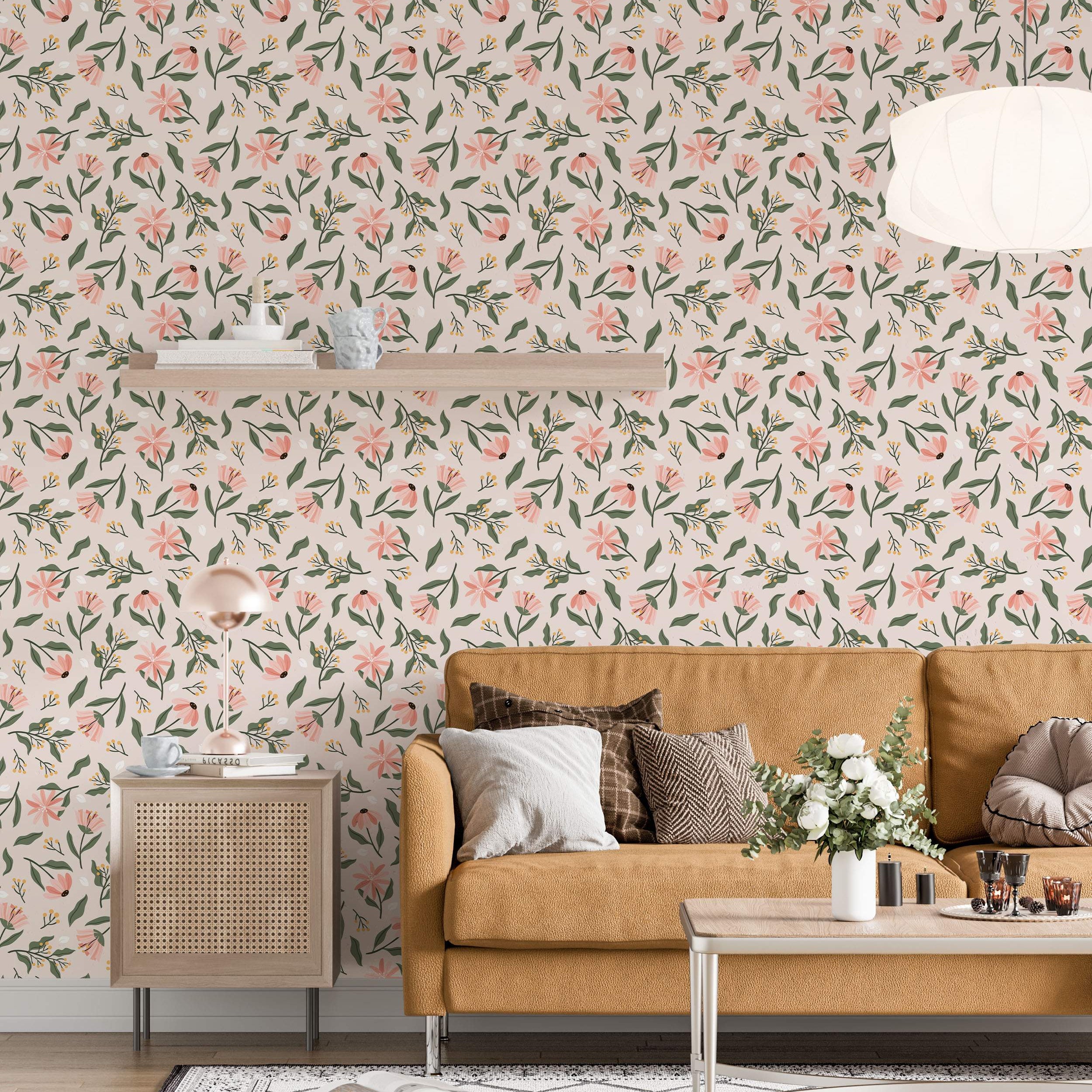 Wallpaper featuring stylized pink flowers, dark green leaves, and small yellow berries on a light pink background.