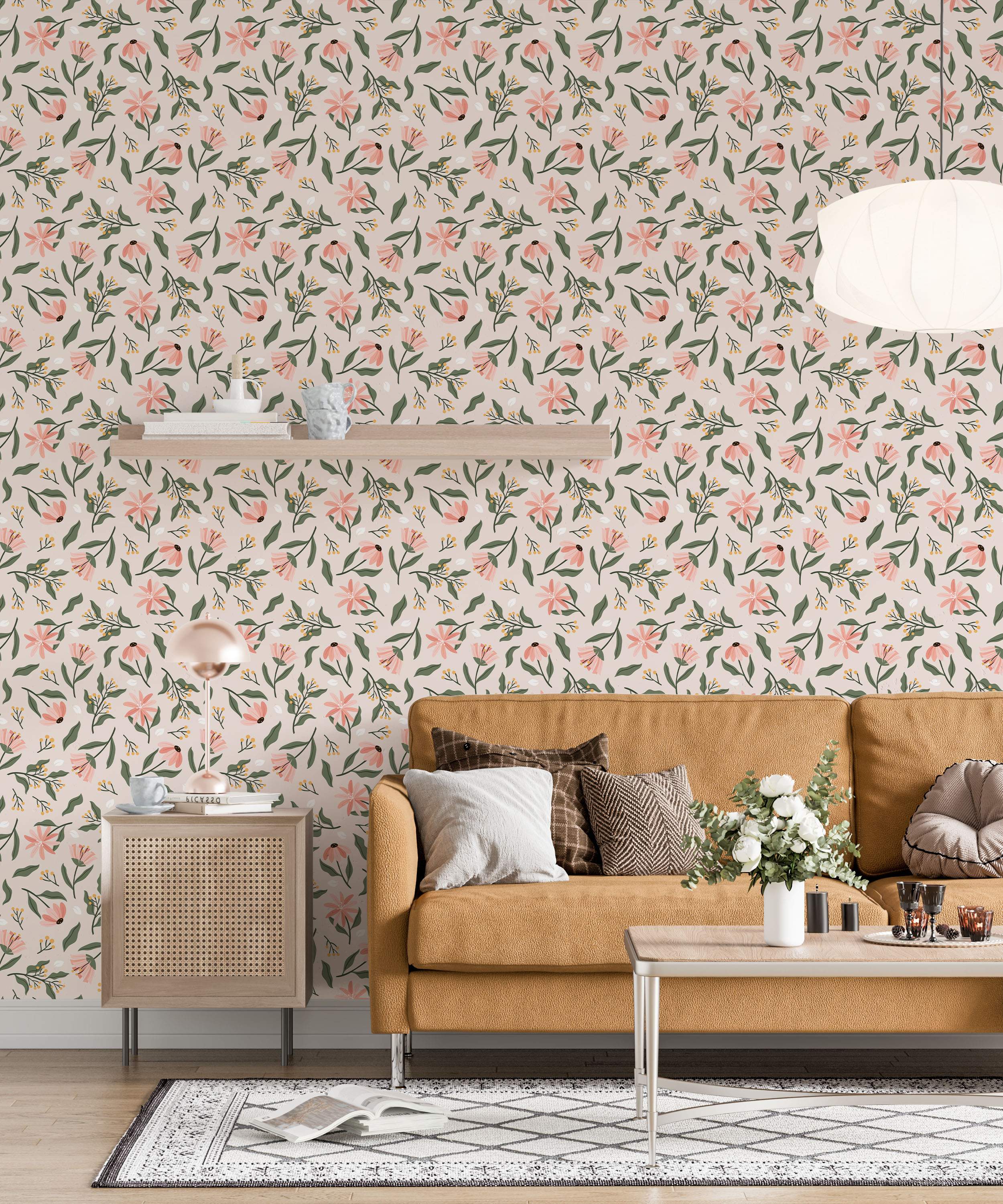 Wallpaper featuring stylized pink flowers, dark green leaves, and small yellow berries on a light pink background.