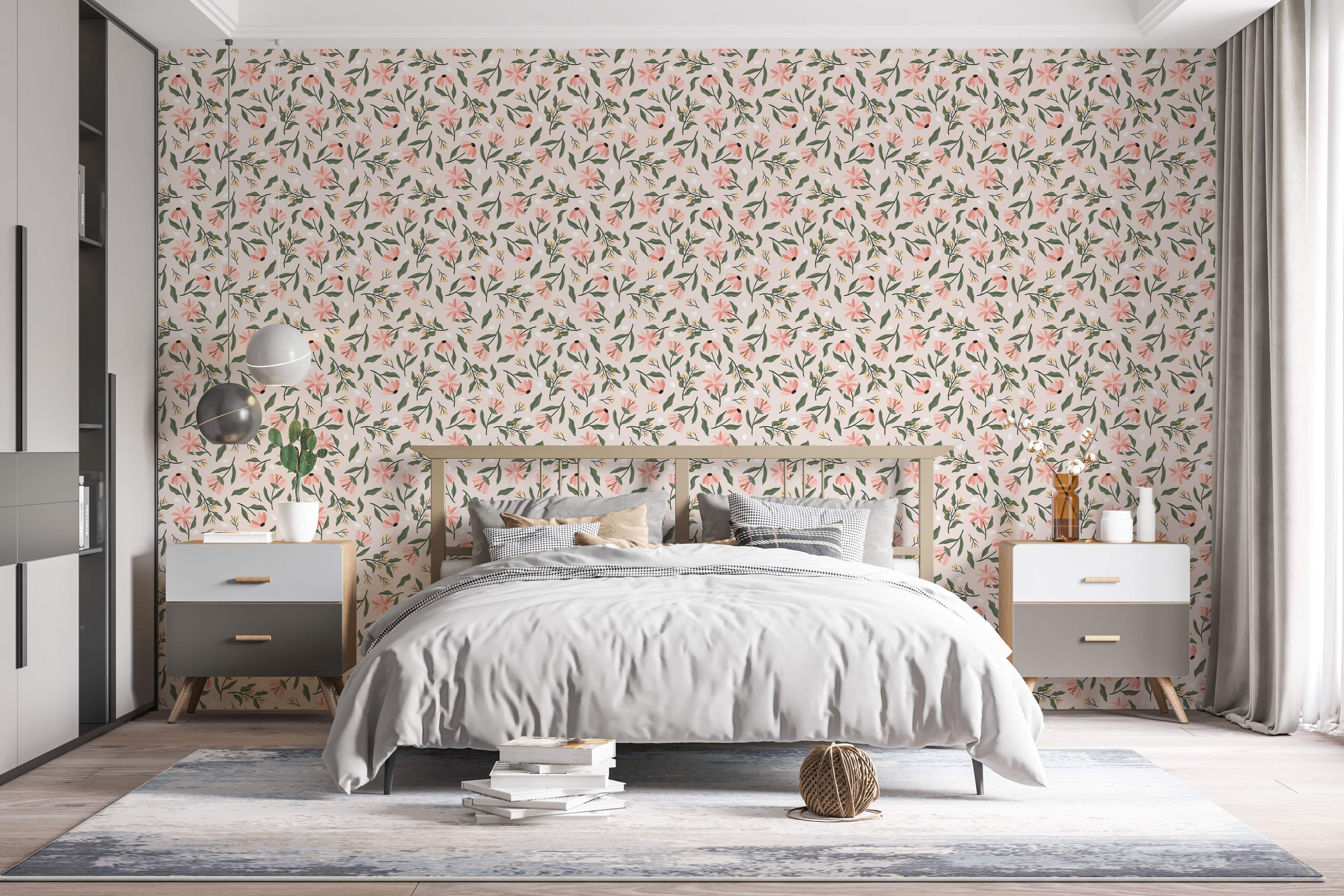 Wallpaper featuring a repeating pattern of stylized pink flowers, green leaves, and yellow accents on a light beige background.