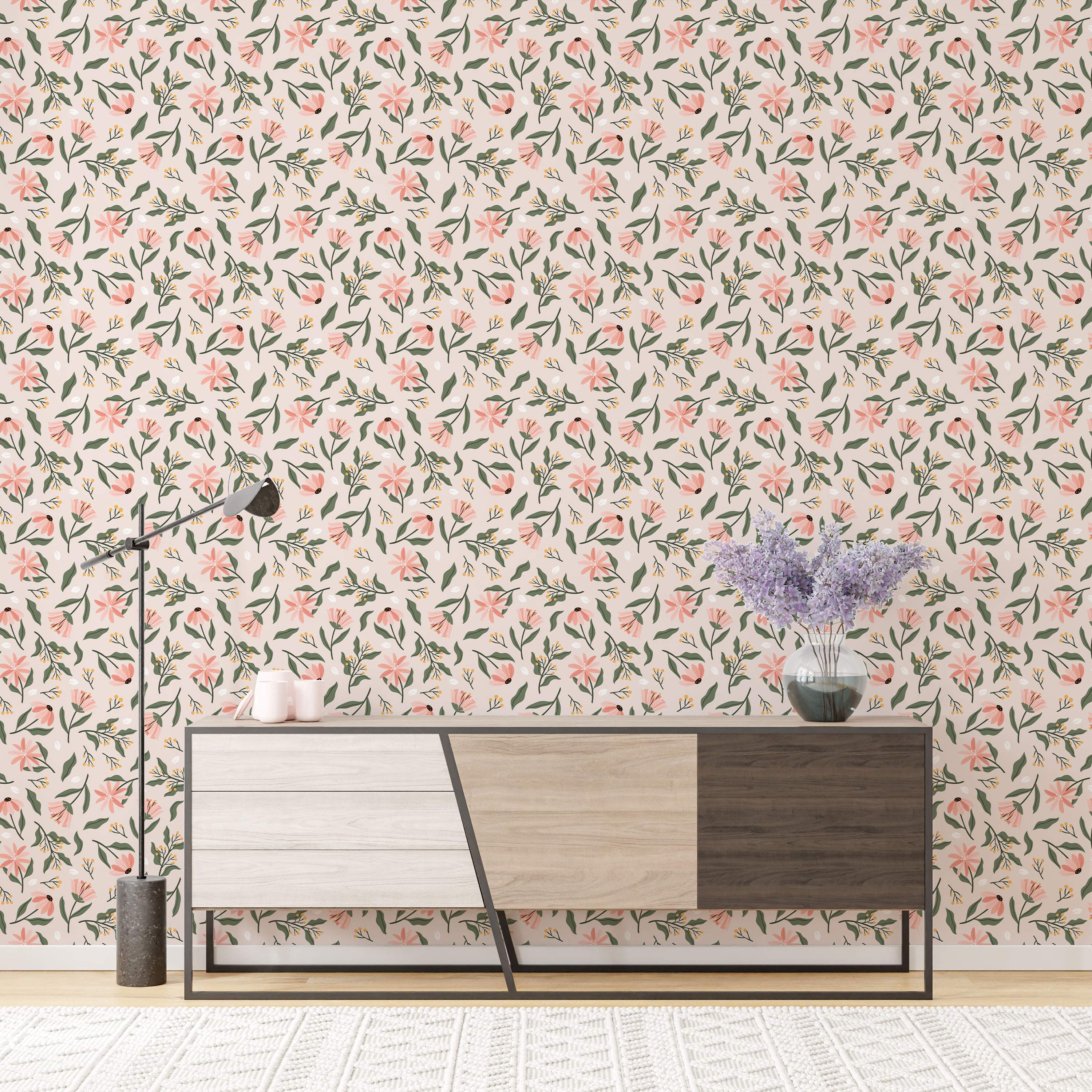 Floral wallpaper with pink and peach flowers, dark green leaves, and yellow accents scattered on a light beige background.