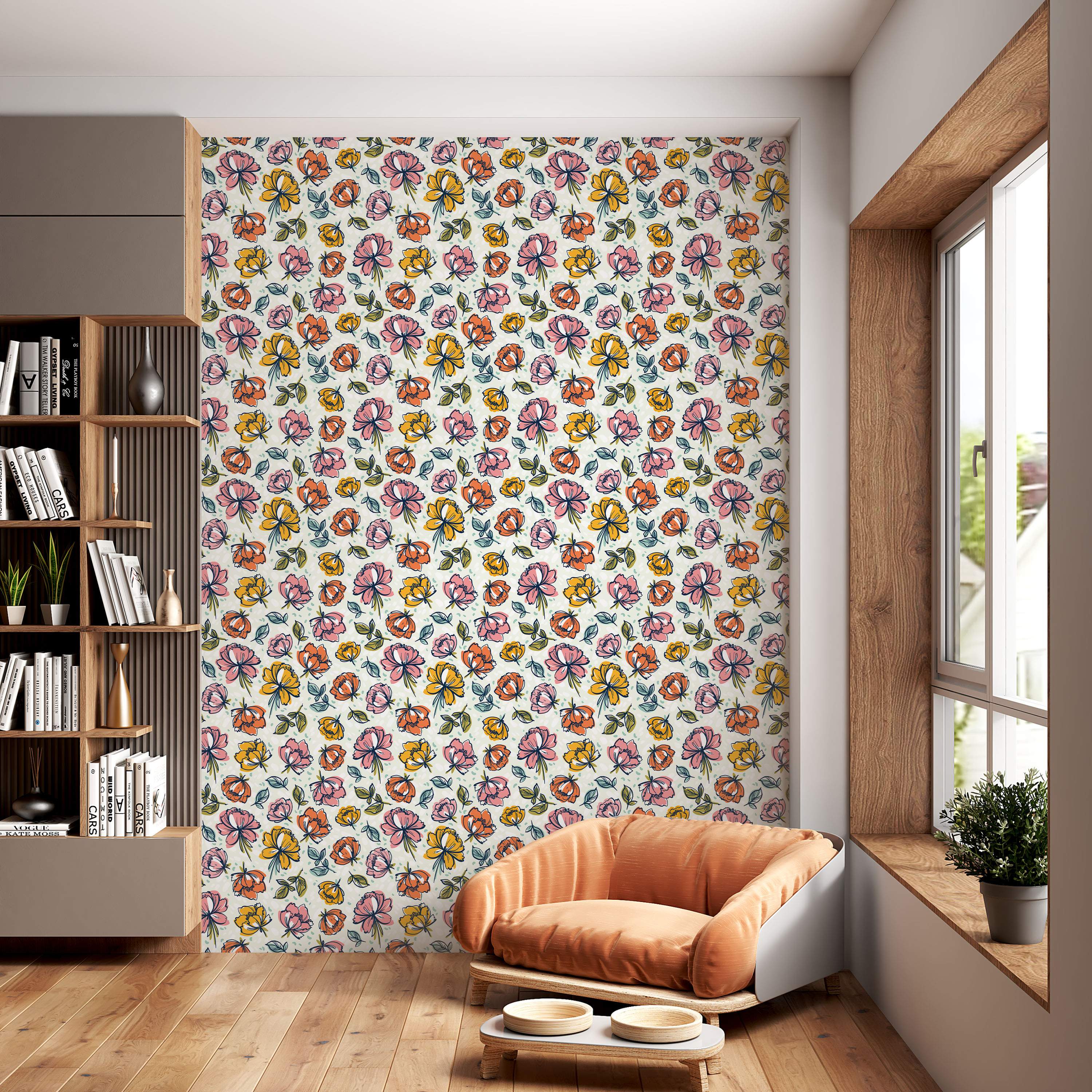 Wallpaper featuring a sketched floral pattern with pink, orange, and yellow flowers and teal leaves on a light cream background.