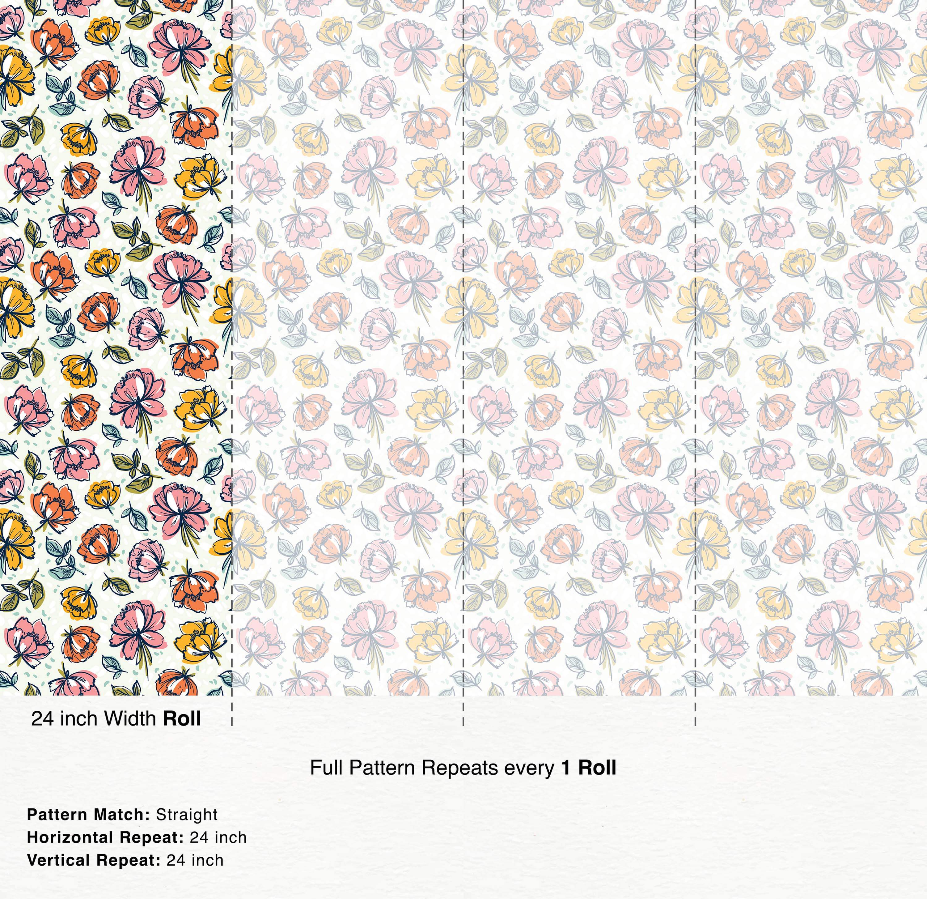 Wallpaper featuring a pattern of sketched pink, orange, and yellow flowers with teal leaves on a light background.