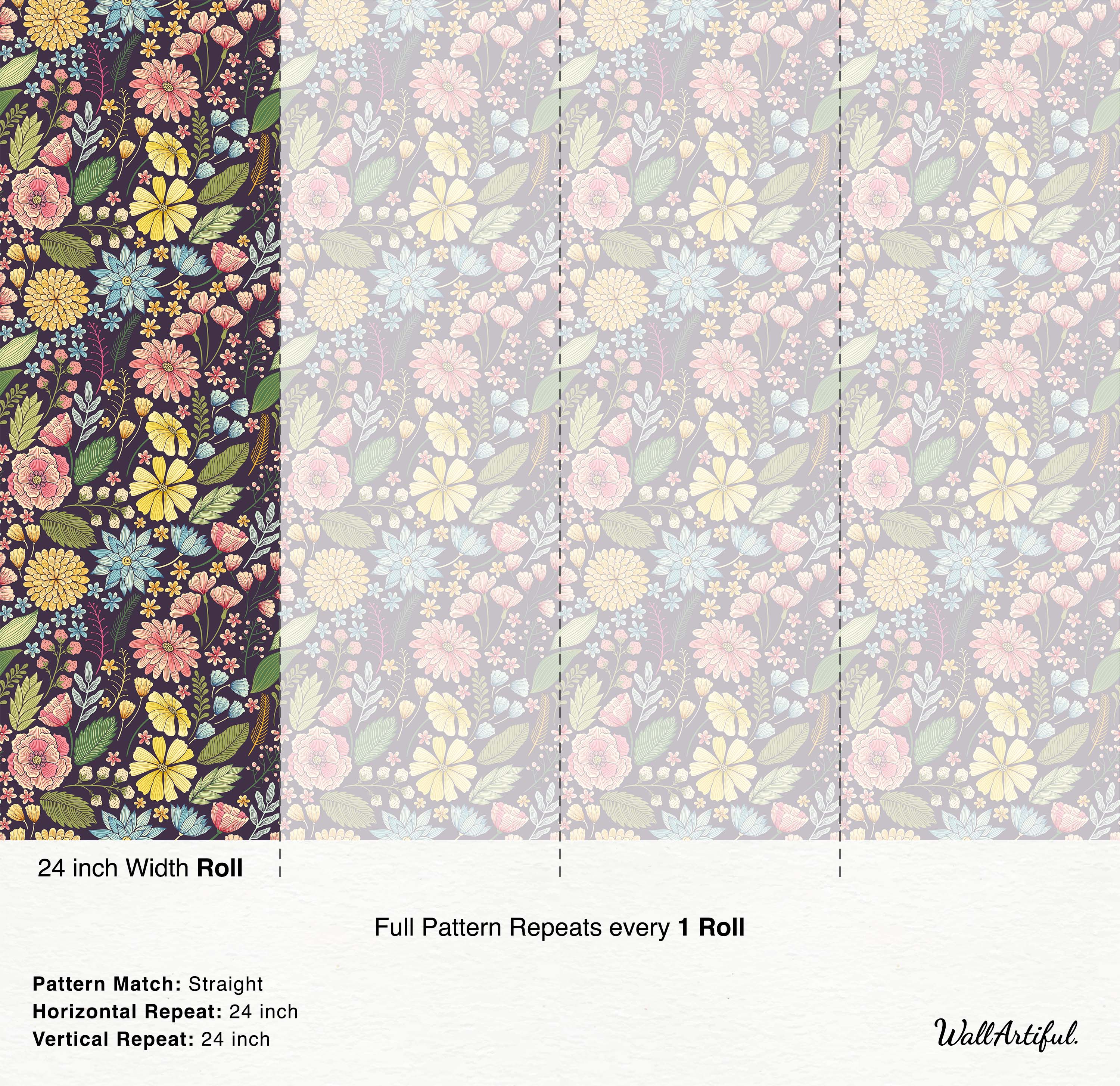 Dense floral wallpaper with illustrative pink, yellow, and blue flowers and green leaves on a dark purple background.