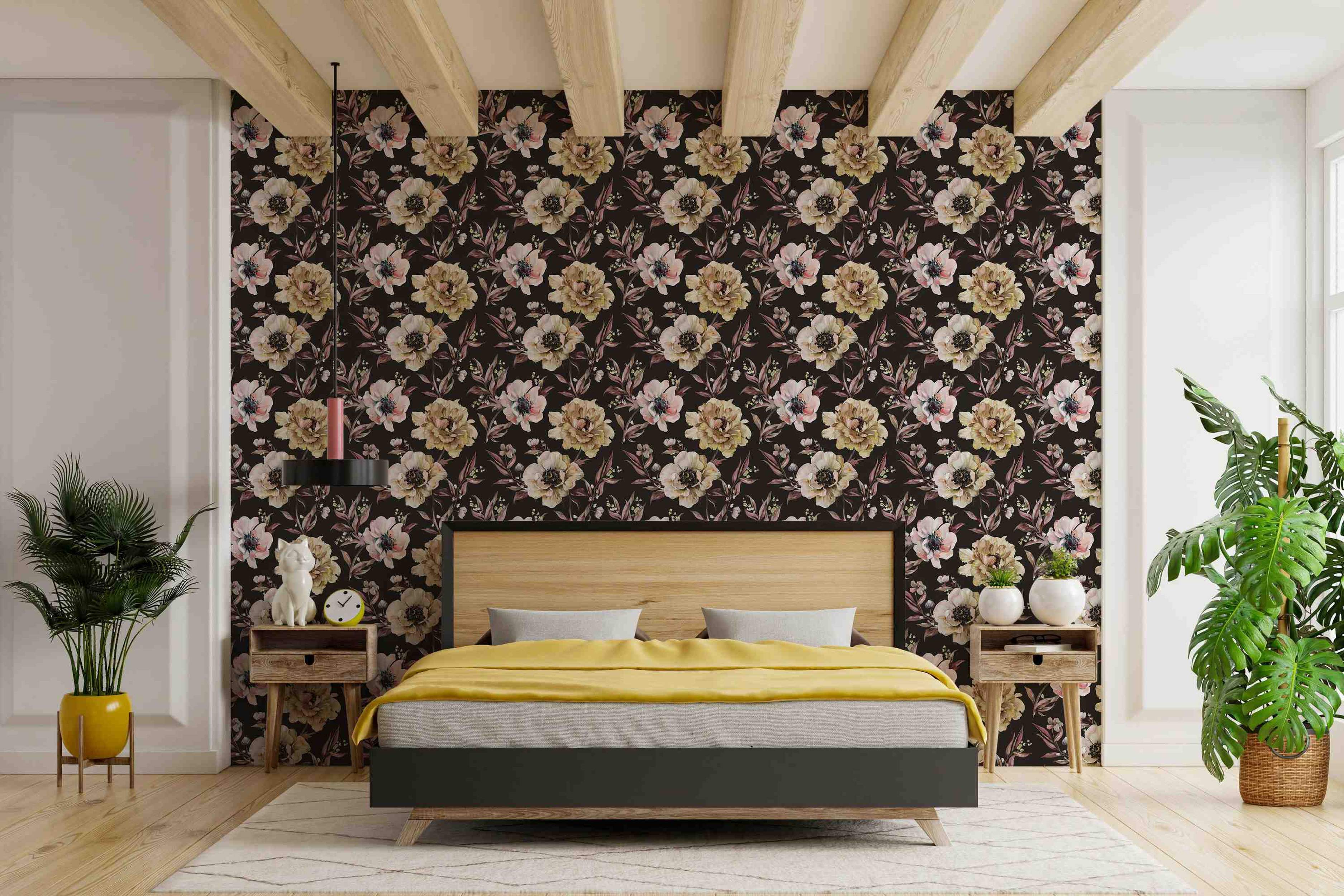 Dark wallpaper with a repeating pattern of large, watercolour-style flowers in pale pink, cream, and soft yellow.