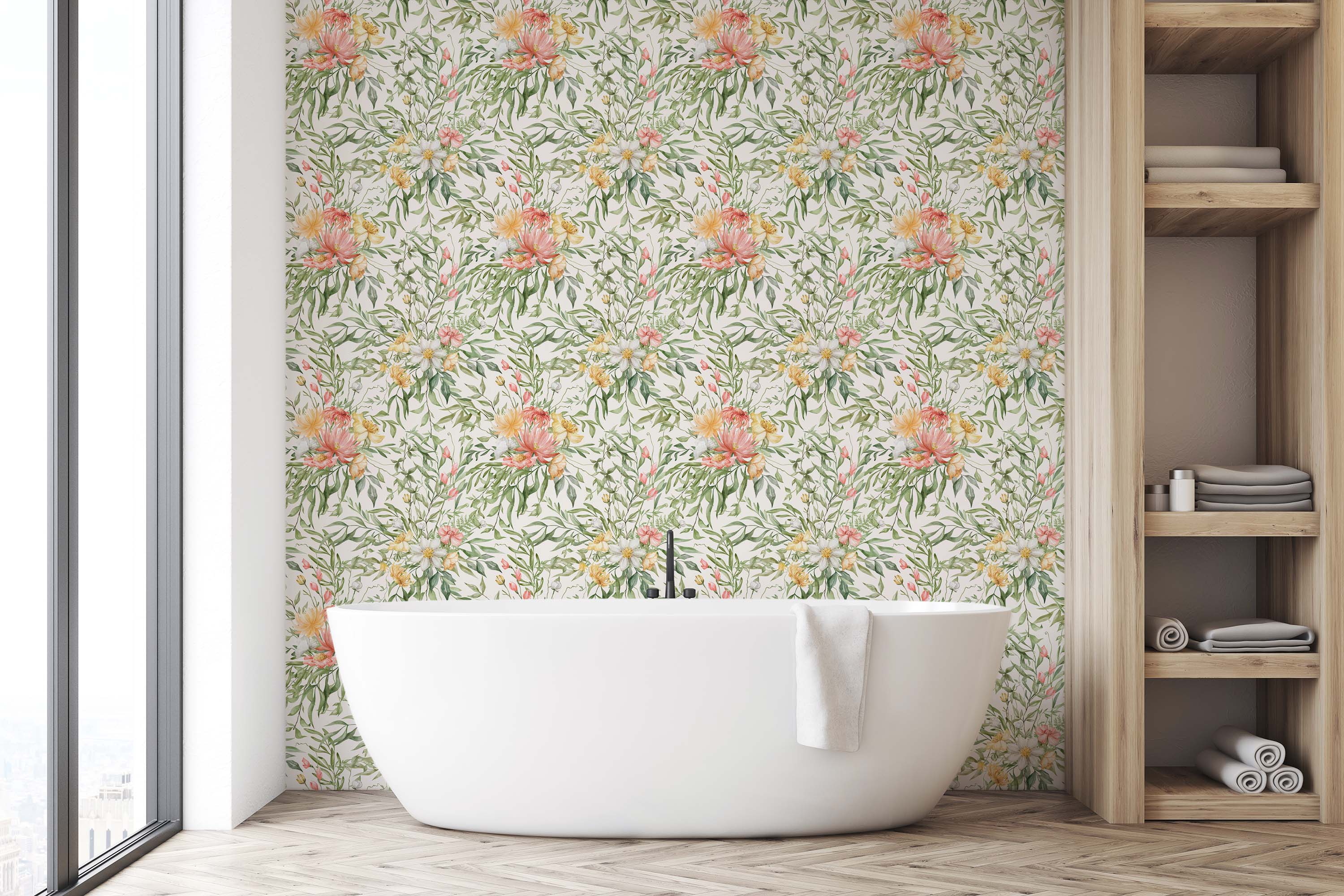 Watercolor floral wallpaper with pink, orange, yellow, and white flower bouquets and green leaves on a light cream background.