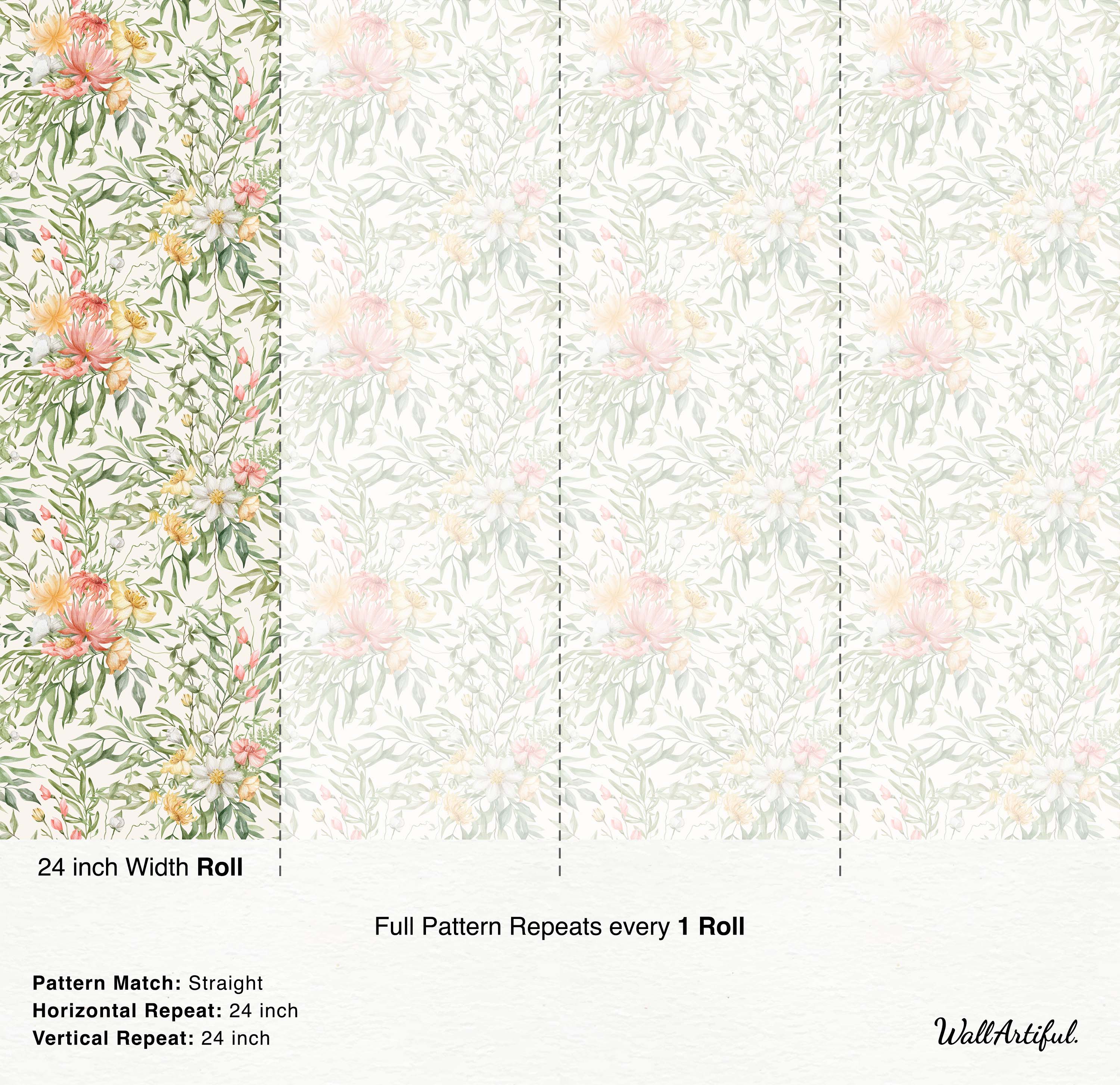 Watercolor wallpaper with pink, peach, and yellow flowers, green leaves, and botanical elements on a cream background.