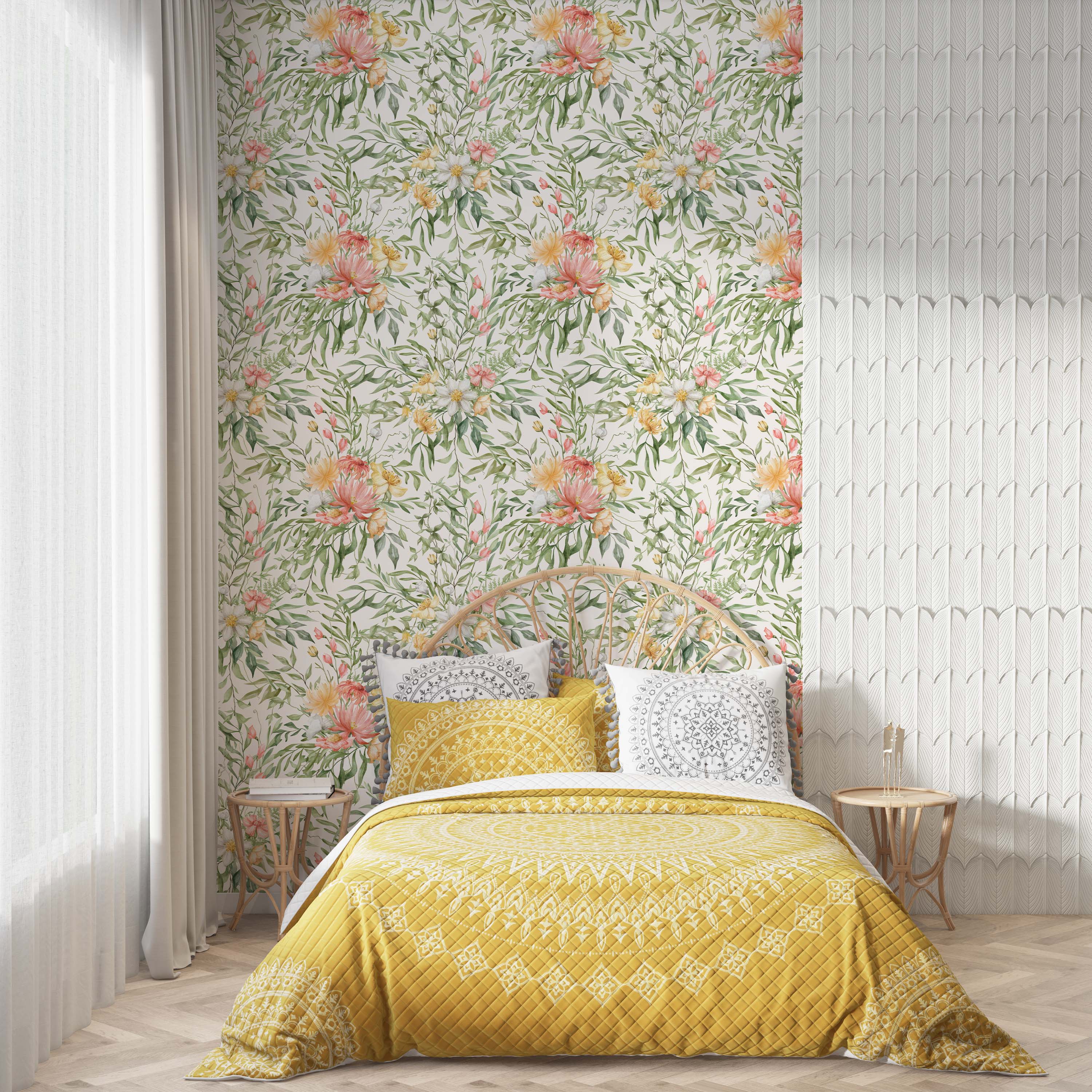 Watercolor floral wallpaper featuring pink, peach, yellow, and white flowers with green leaves on a light background.