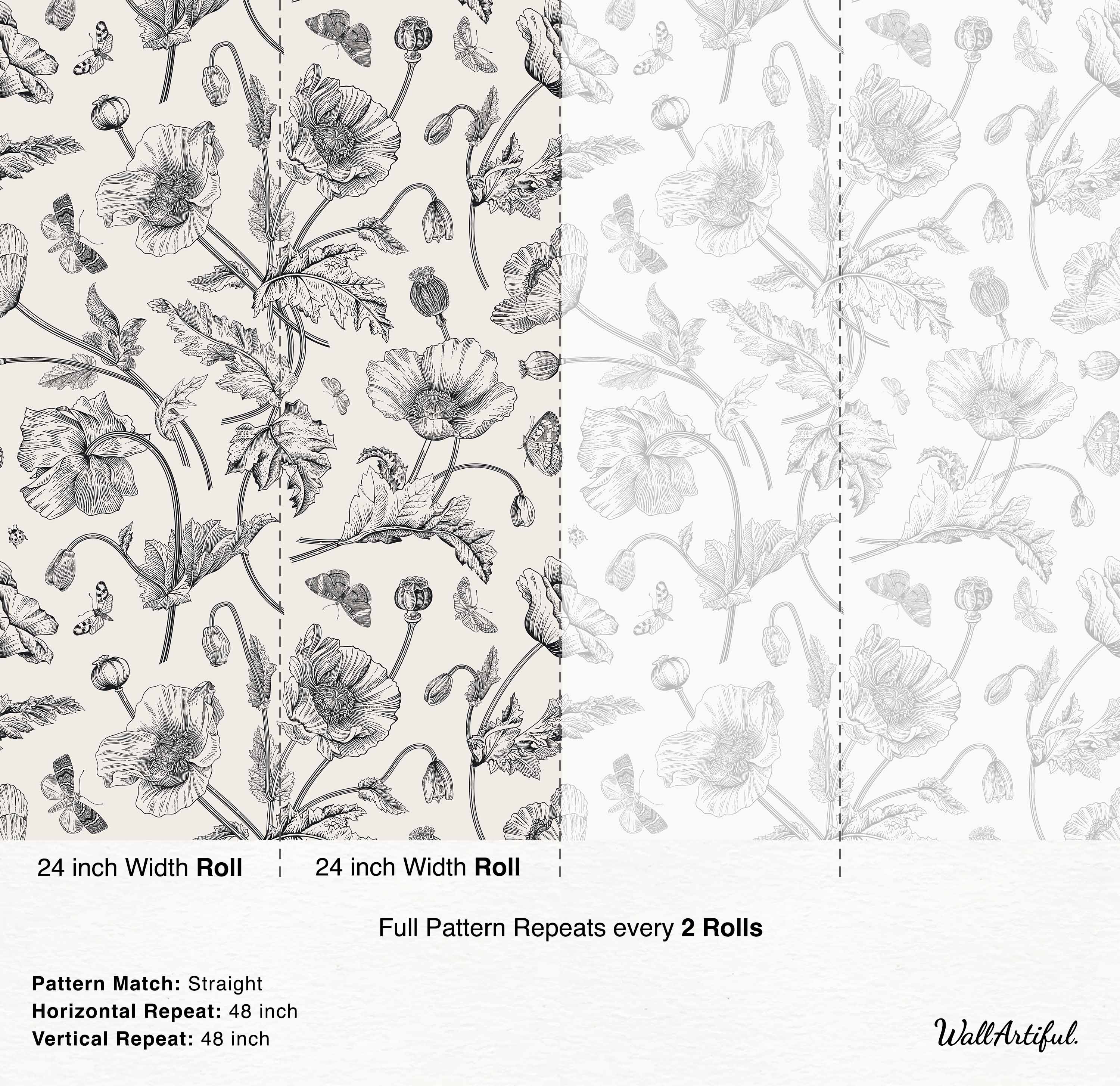 Black and white floral poppy wallpaper with intricate design