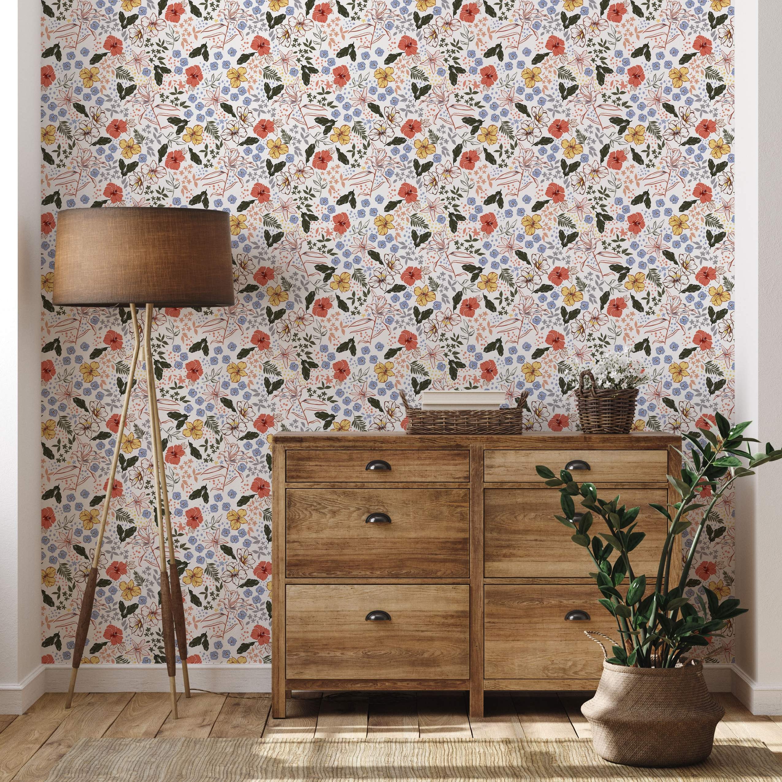 Illustrative floral wallpaper with scattered red, yellow, and blue flowers, plus green leaves, on an off-white background.