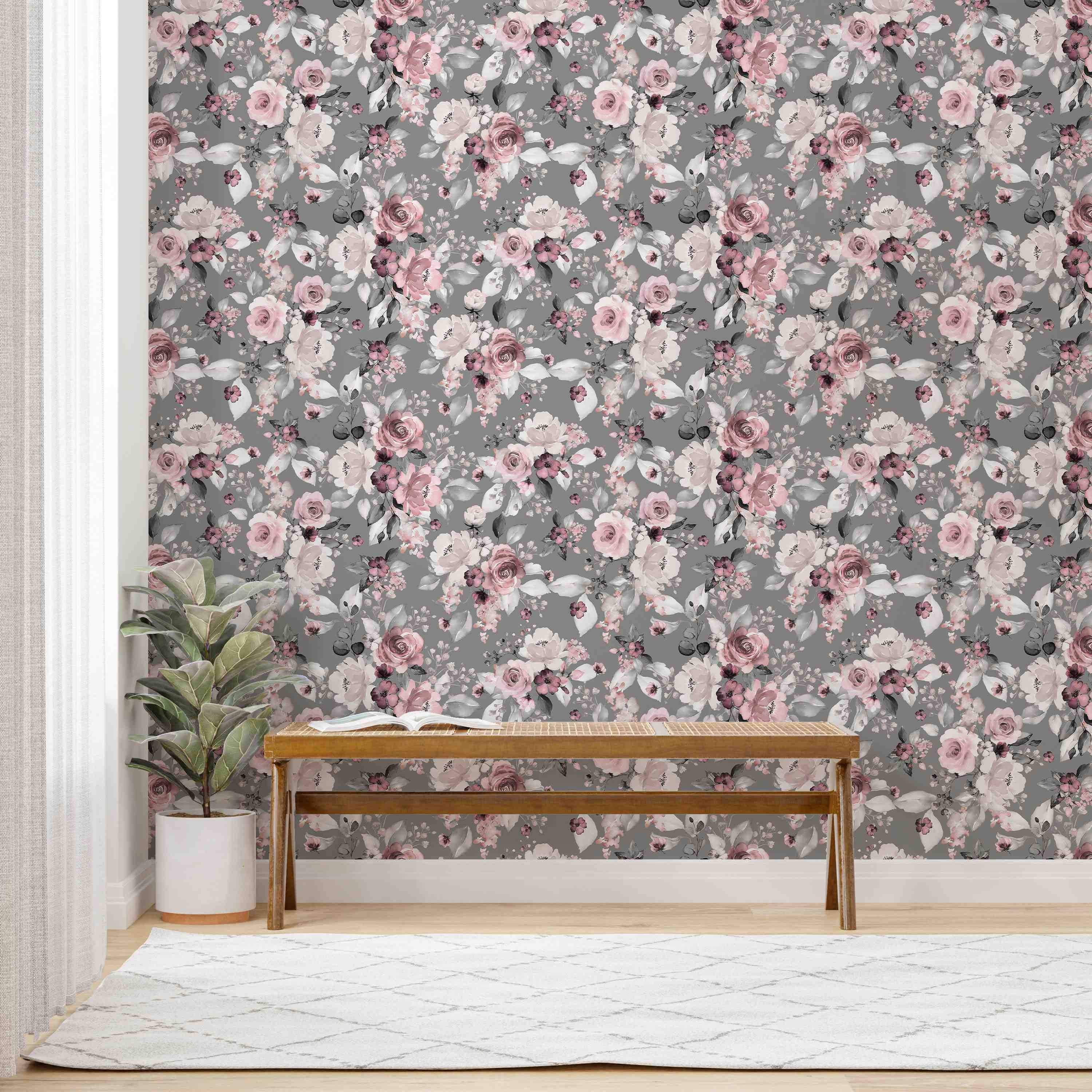 Floral wallpaper with watercolor-style roses and leaves in shades of pink, white, and gray on a solid gray background.