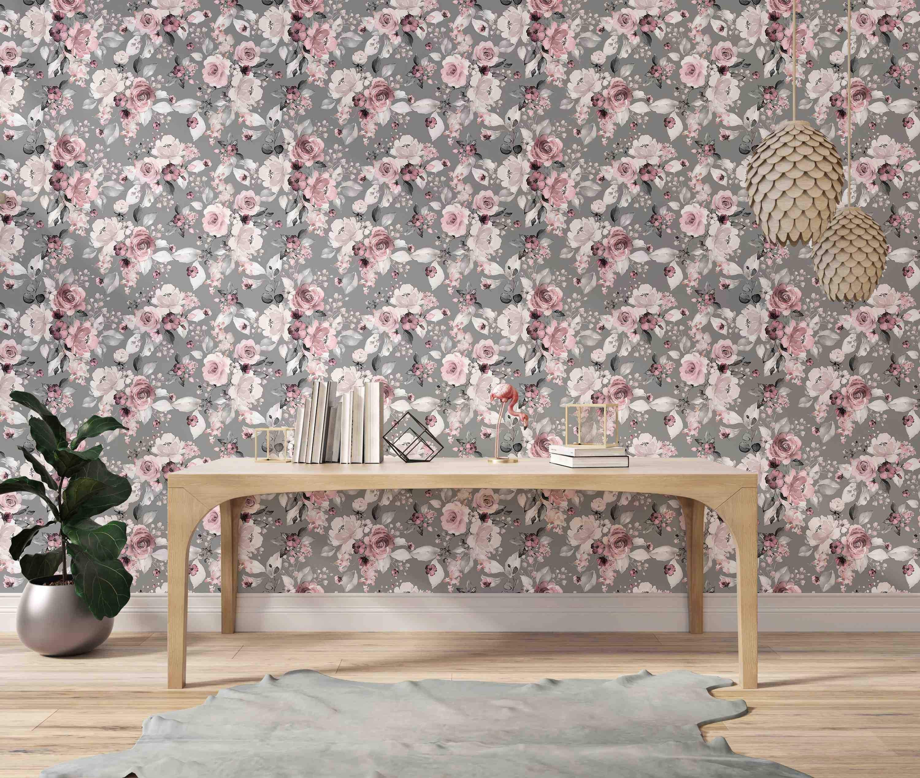 Wallpaper features a floral pattern with painterly pink, white, and deep pink roses and gray leaves on a gray background.