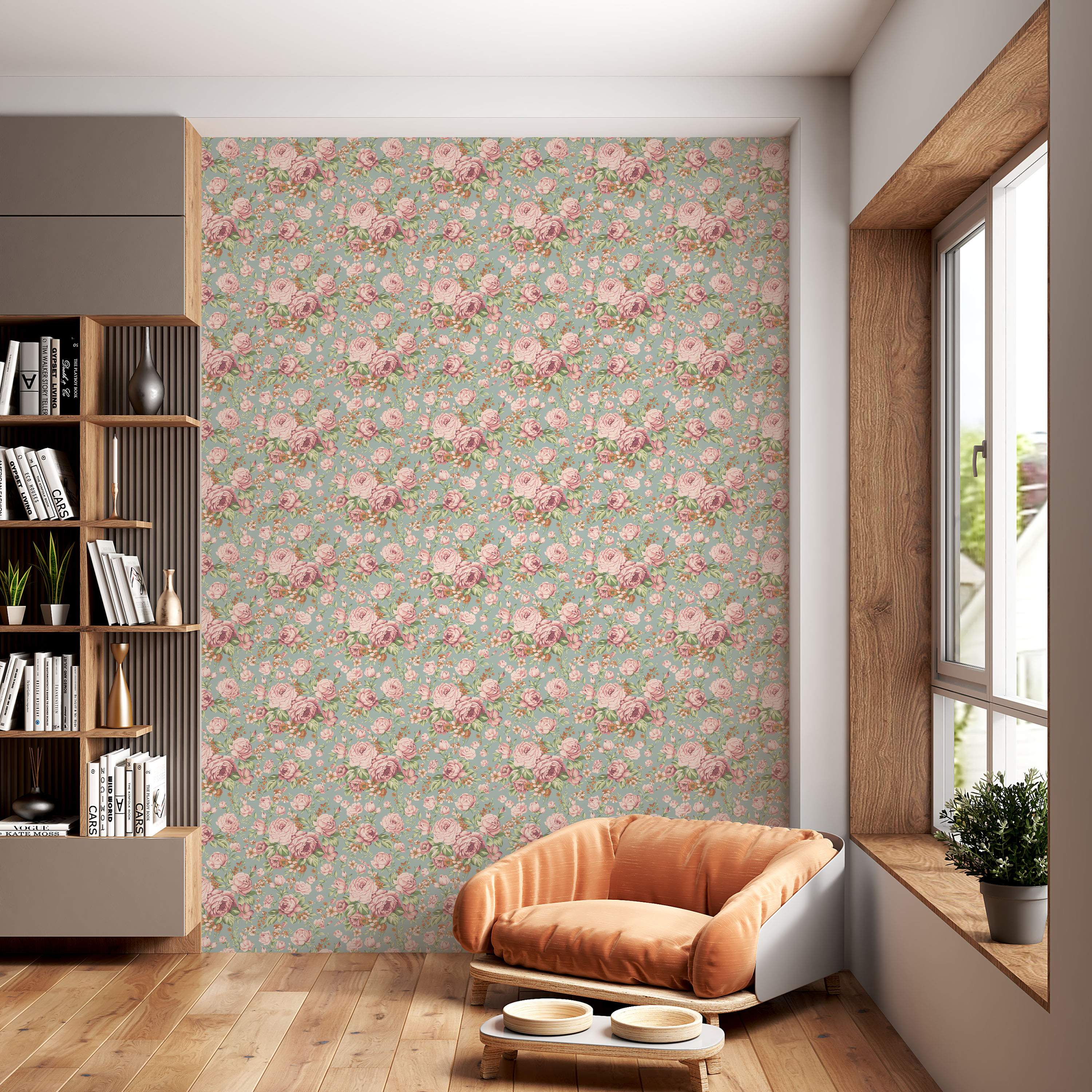 Vintage floral wallpaper featuring detailed pink roses and green leaves scattered across a soft mint green background.
