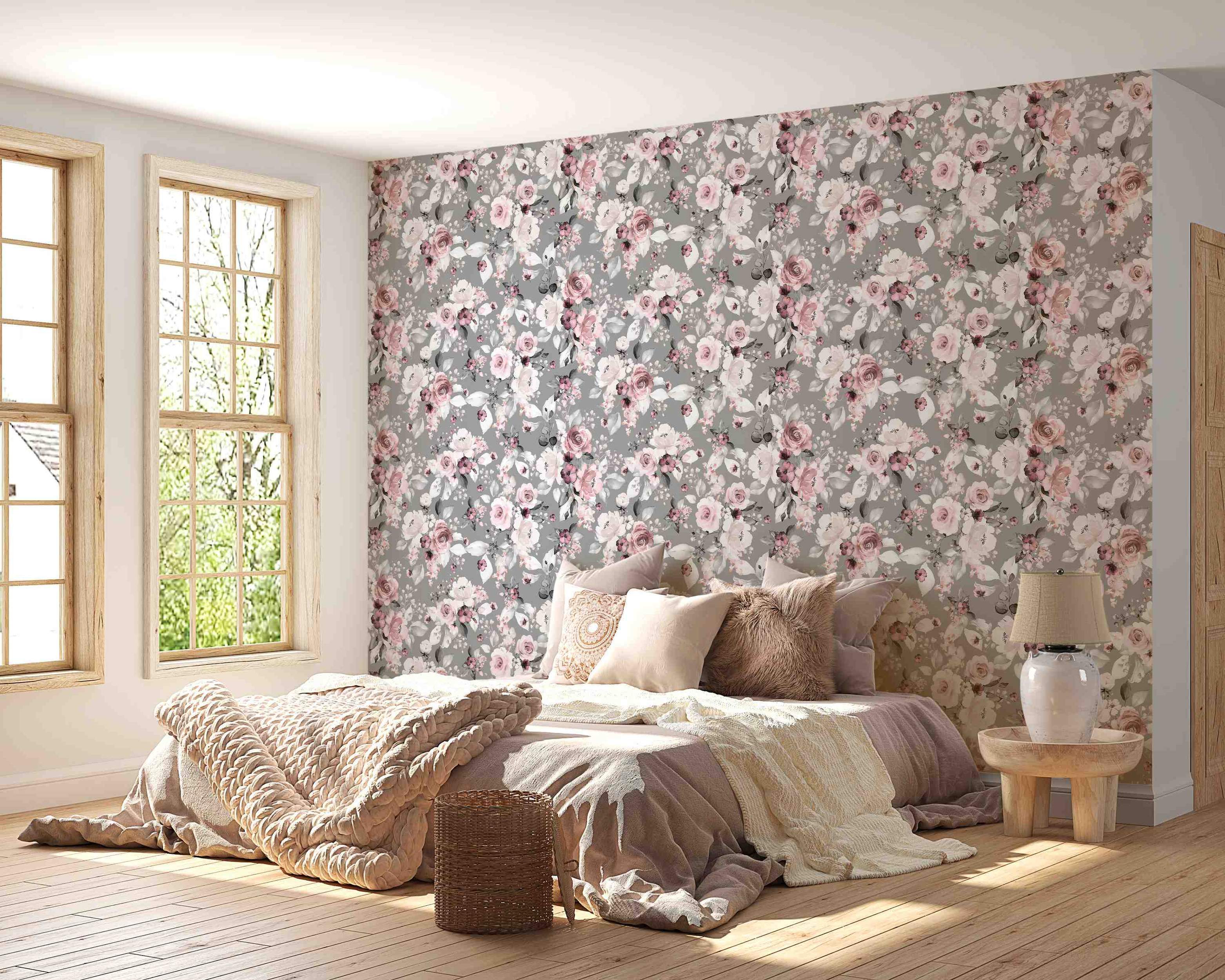 Floral wallpaper featuring painterly pink and white roses with leaves on a soft gray background.
