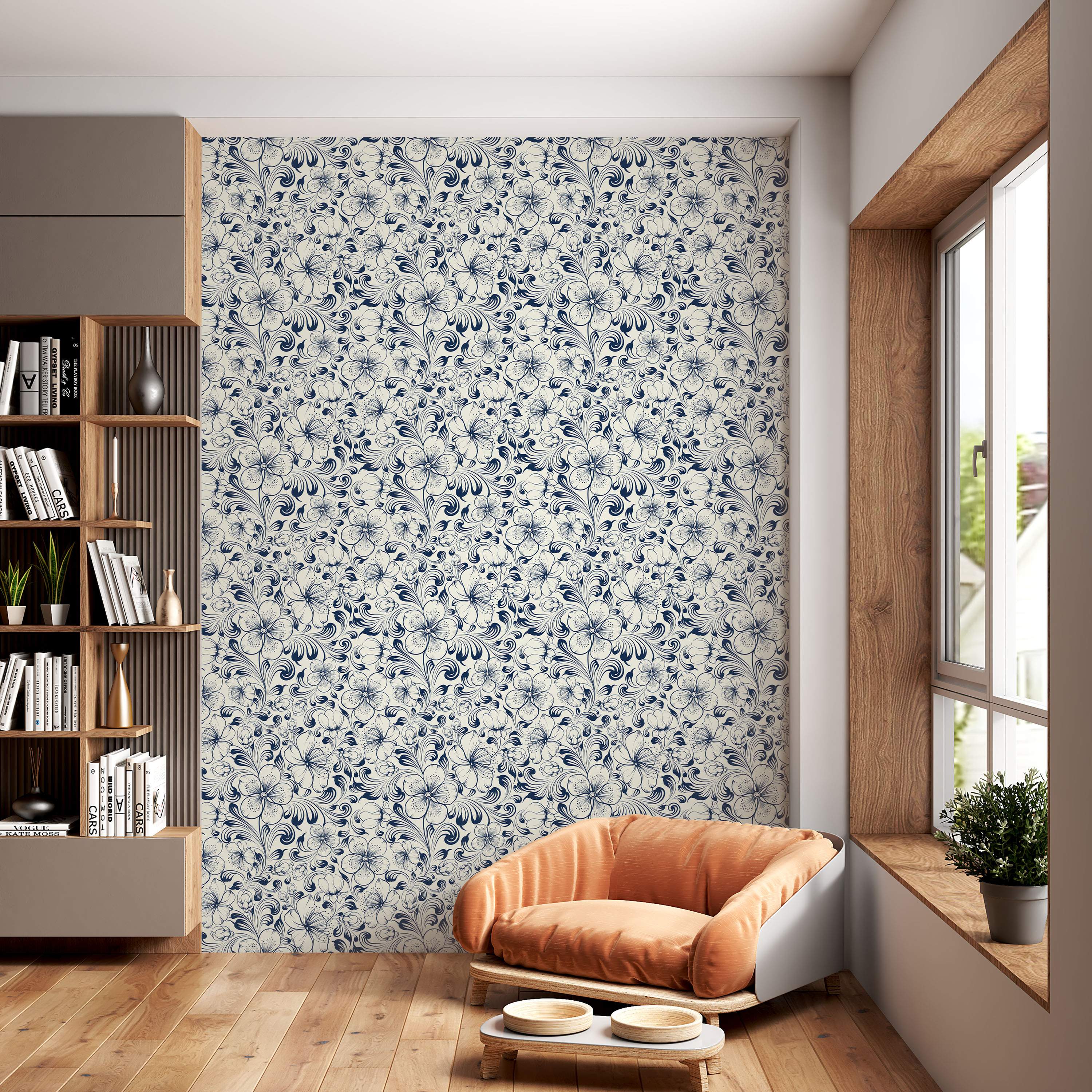 Intricate blue floral scroll wallpaper featuring stylized flowers and leaves repeating on a cream background.