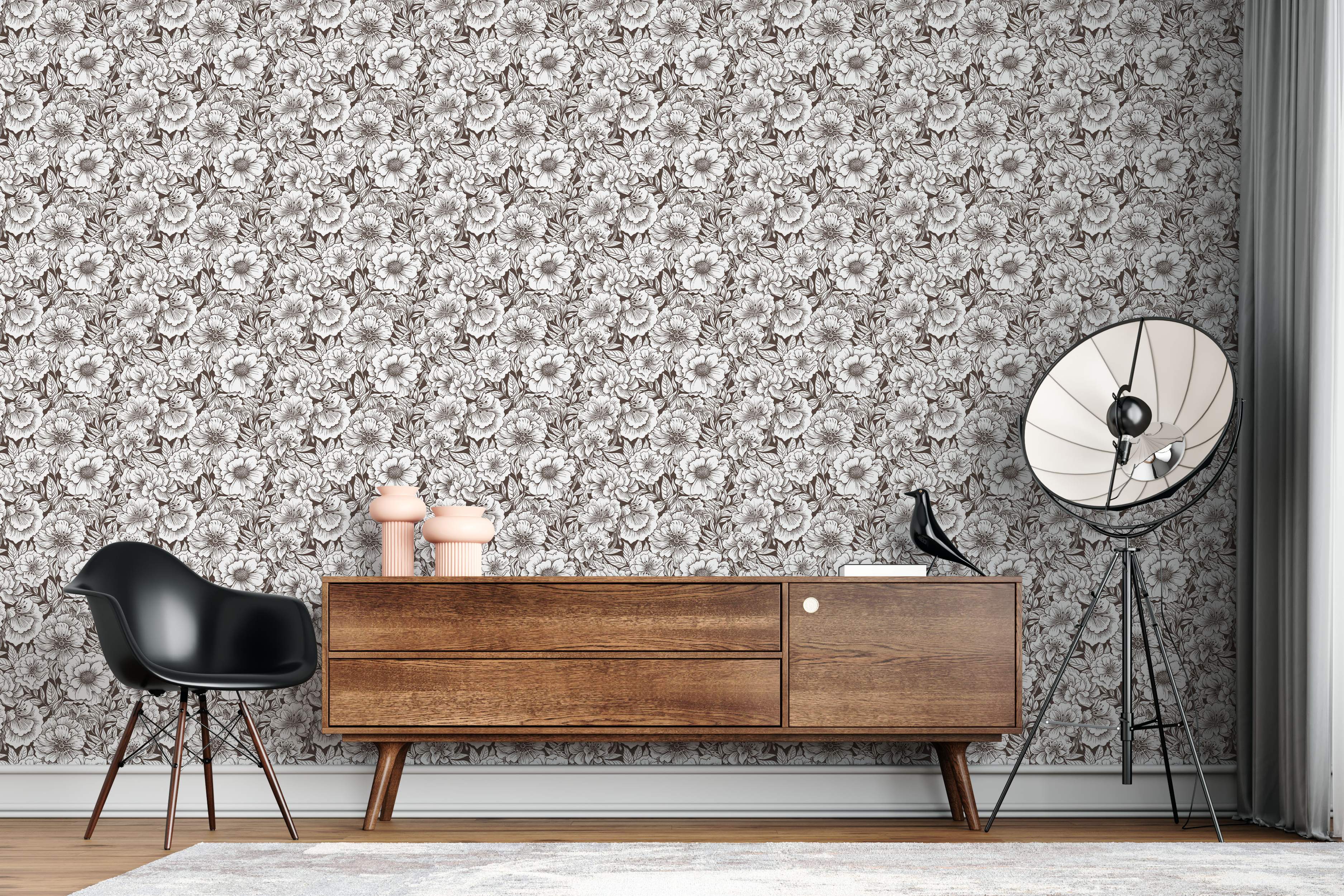 Sketch-style floral wallpaper featuring dense brown line drawings of flowers and leaves on an off-white background.