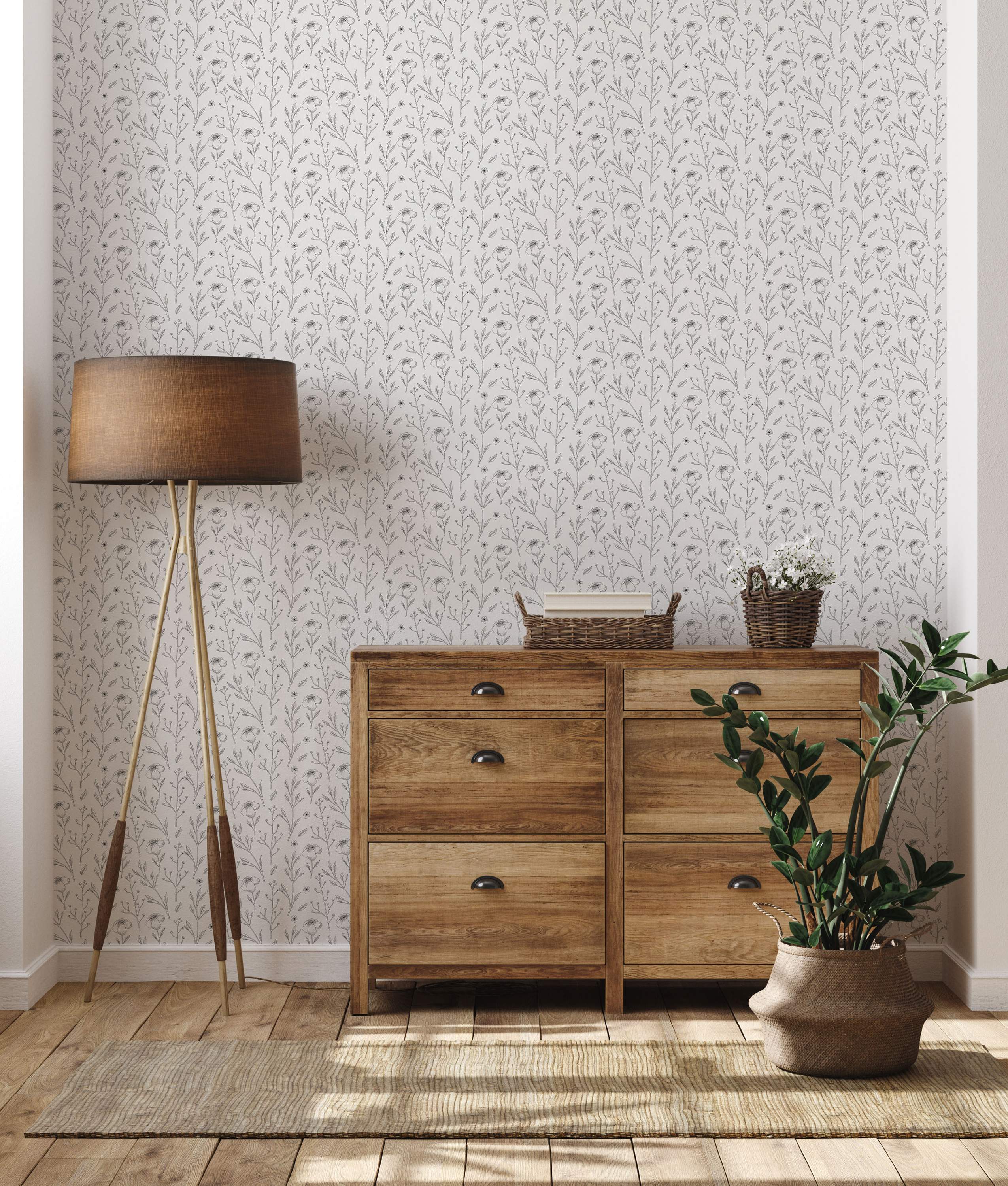 Light gray wallpaper featuring a repeating pattern of delicate, sketched gray botanical stems with flowers and leaves.