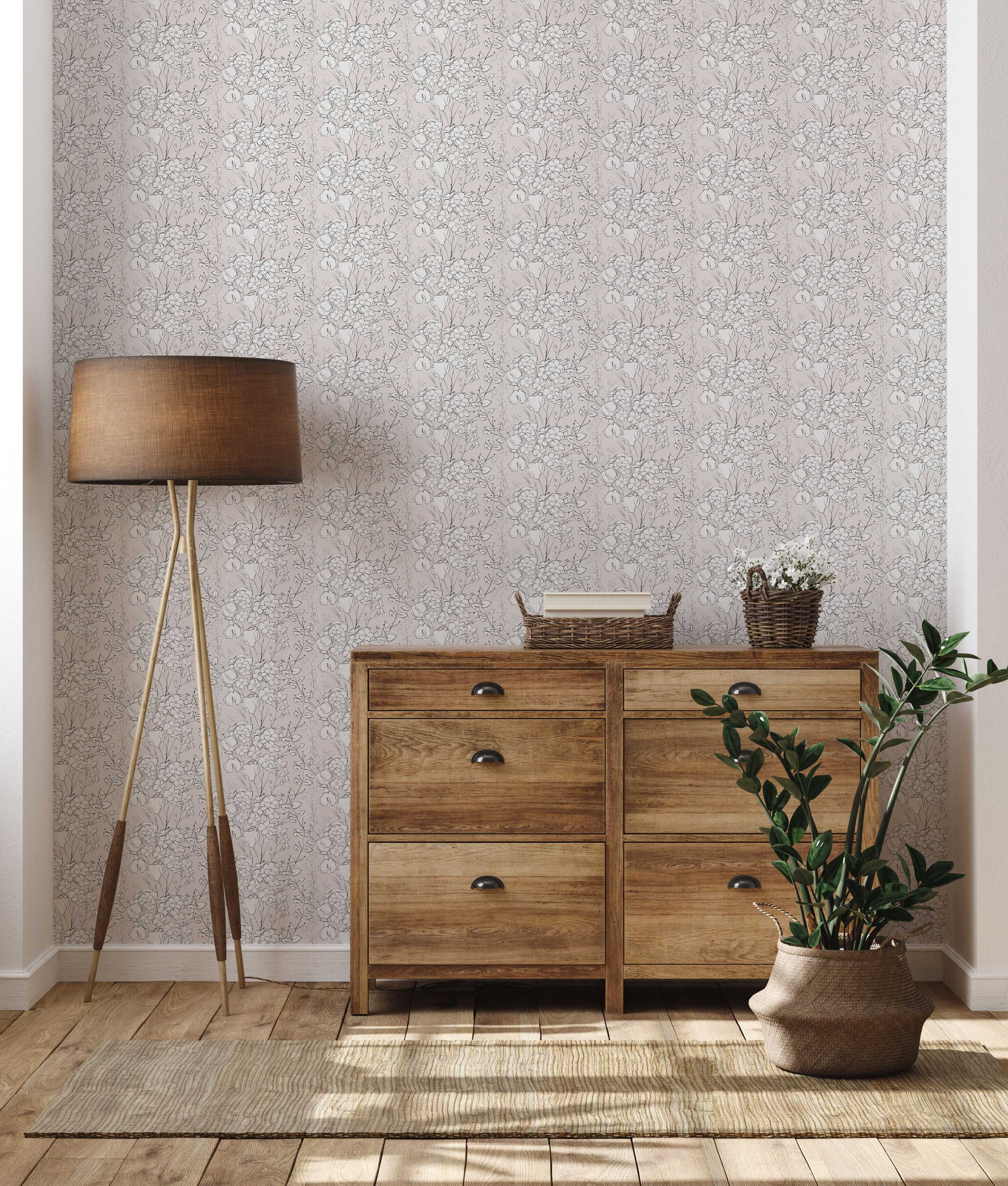 Wallpaper with a repeating sketchy floral pattern in dark grey lines and white fills over a pale pink background, with lighter grey shadow layers.