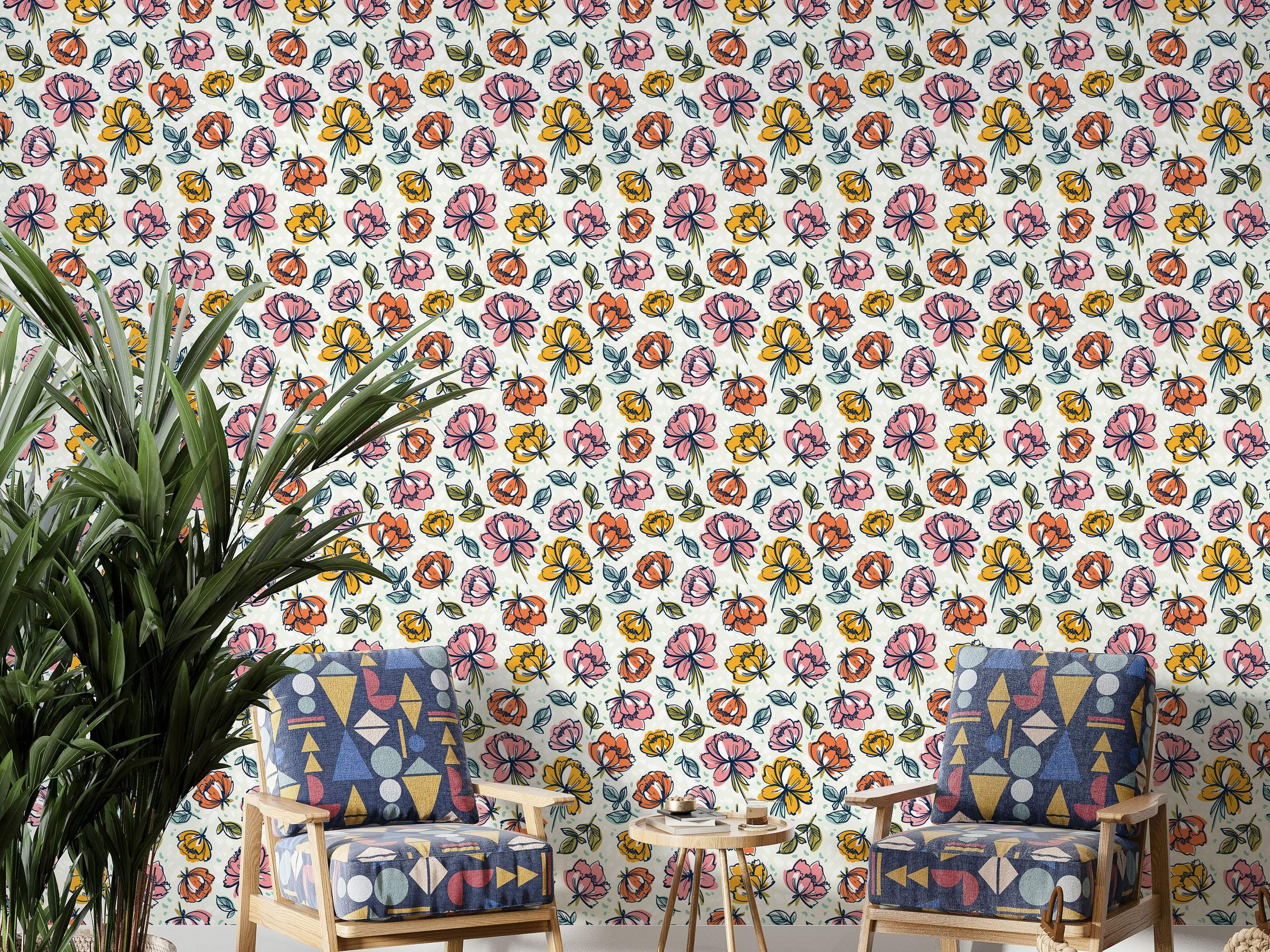 Illustrative wallpaper featuring a repeating pattern of sketched pink, orange, and yellow flowers with green leaves on a cream base.