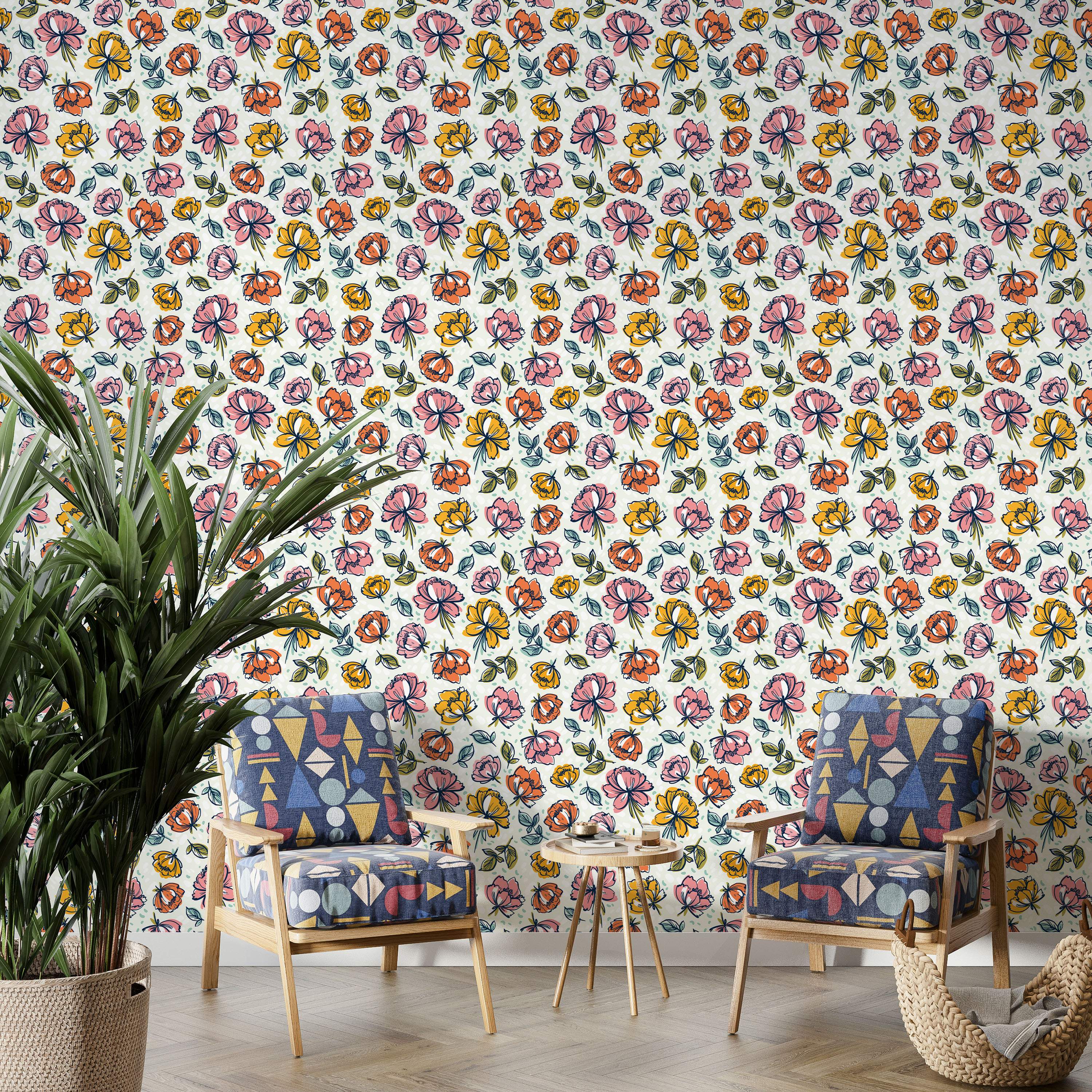 Illustrative wallpaper featuring a repeating pattern of sketched pink, orange, and yellow flowers with green leaves on a cream base.