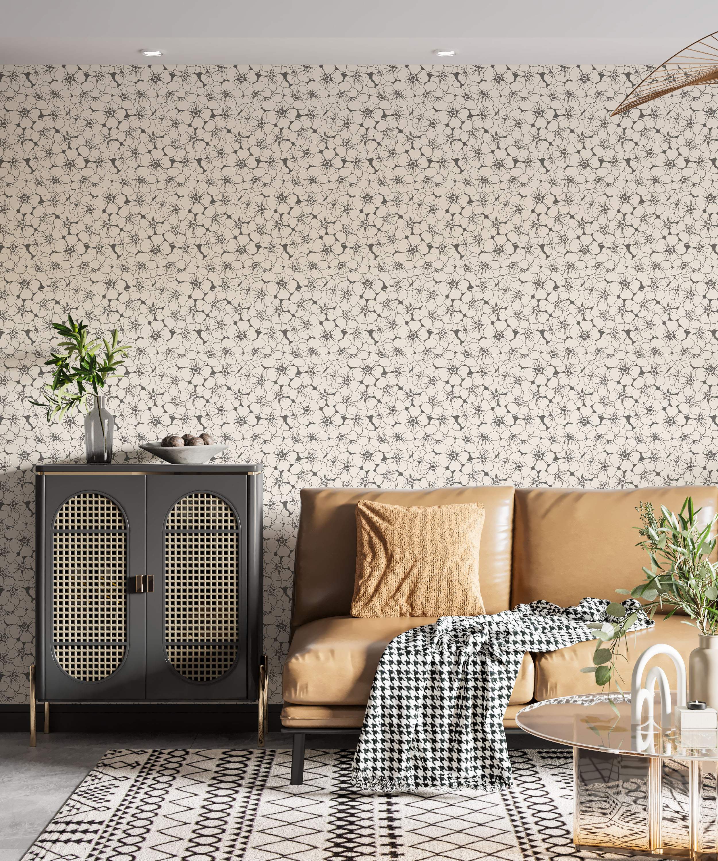 Wallpaper featuring a repeating pattern of sketched floral outlines in dark grey on a light beige background.