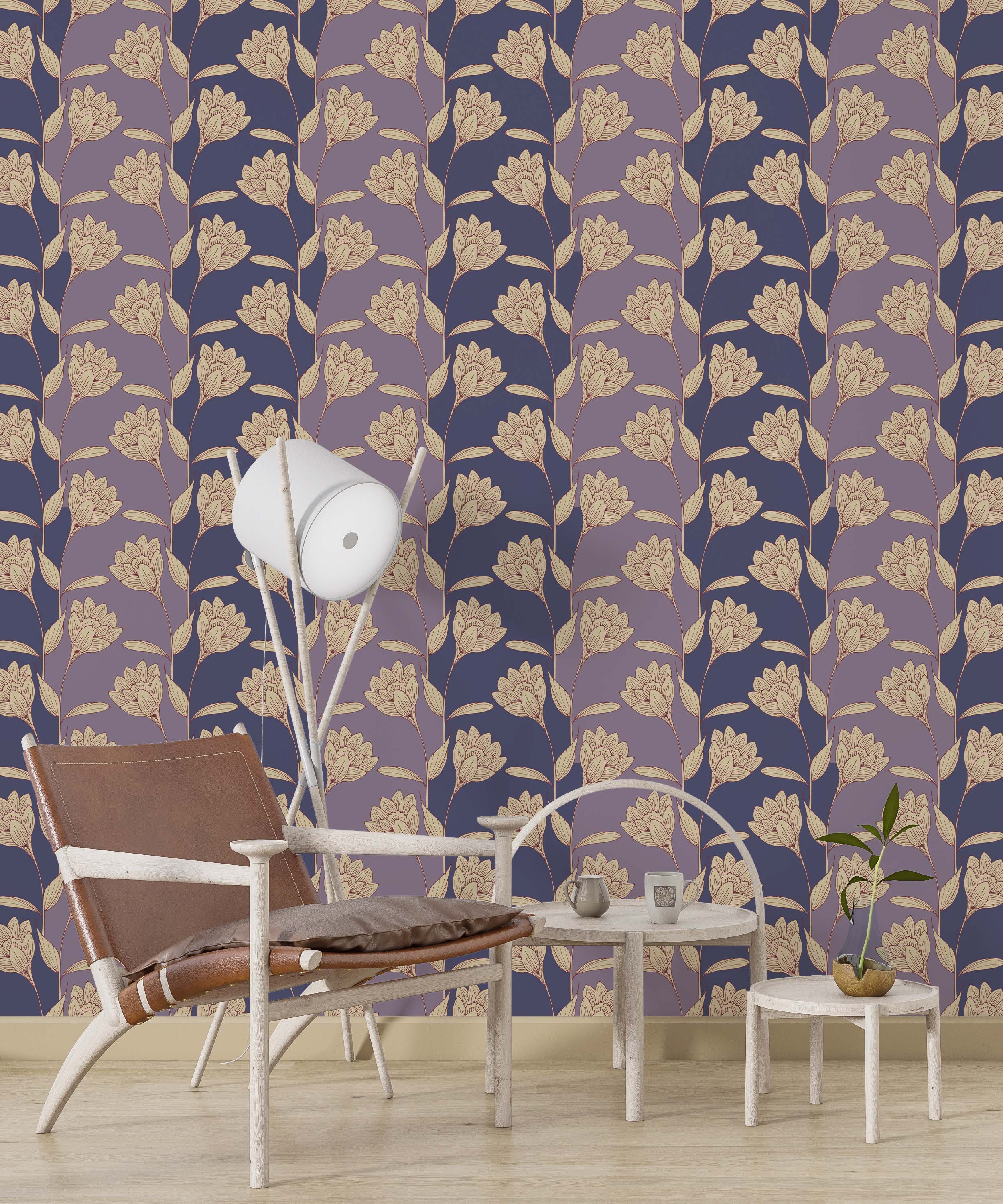 Wallpaper featuring stylized beige flowers on alternating vertical stripes of dark blue and dusty purple.