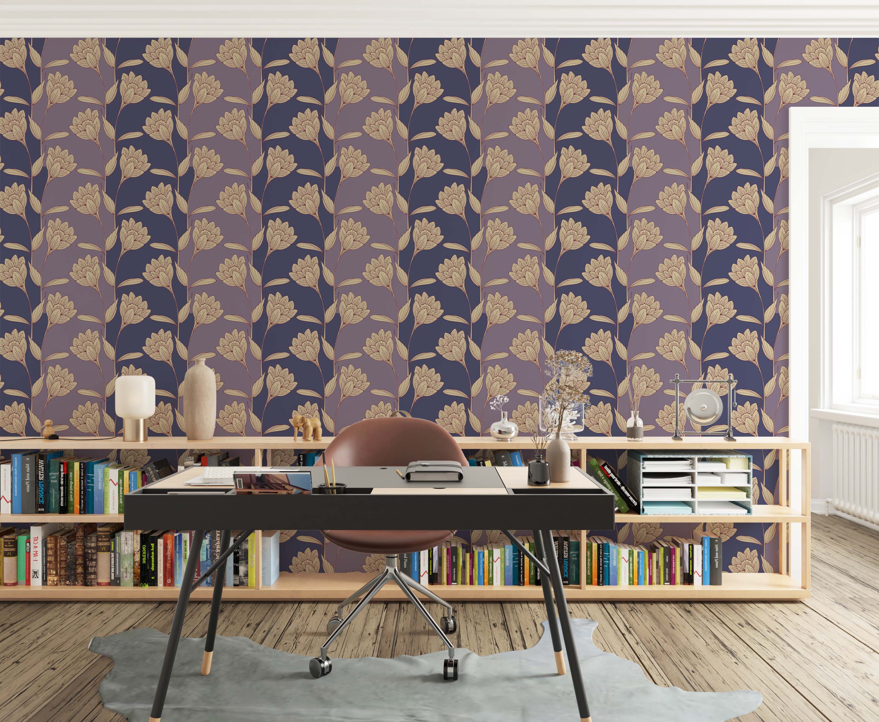 A stylized floral wallpaper with beige flowers on a background of alternating vertical stripes of purple and dark blue.